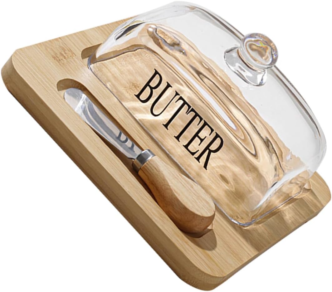Wood Tray Butter Holder with Dome Cutter and Glass Lid Airtight Butter Dish Container for Refrigerator Storage Reusable Food Preservation Box Nordic Style