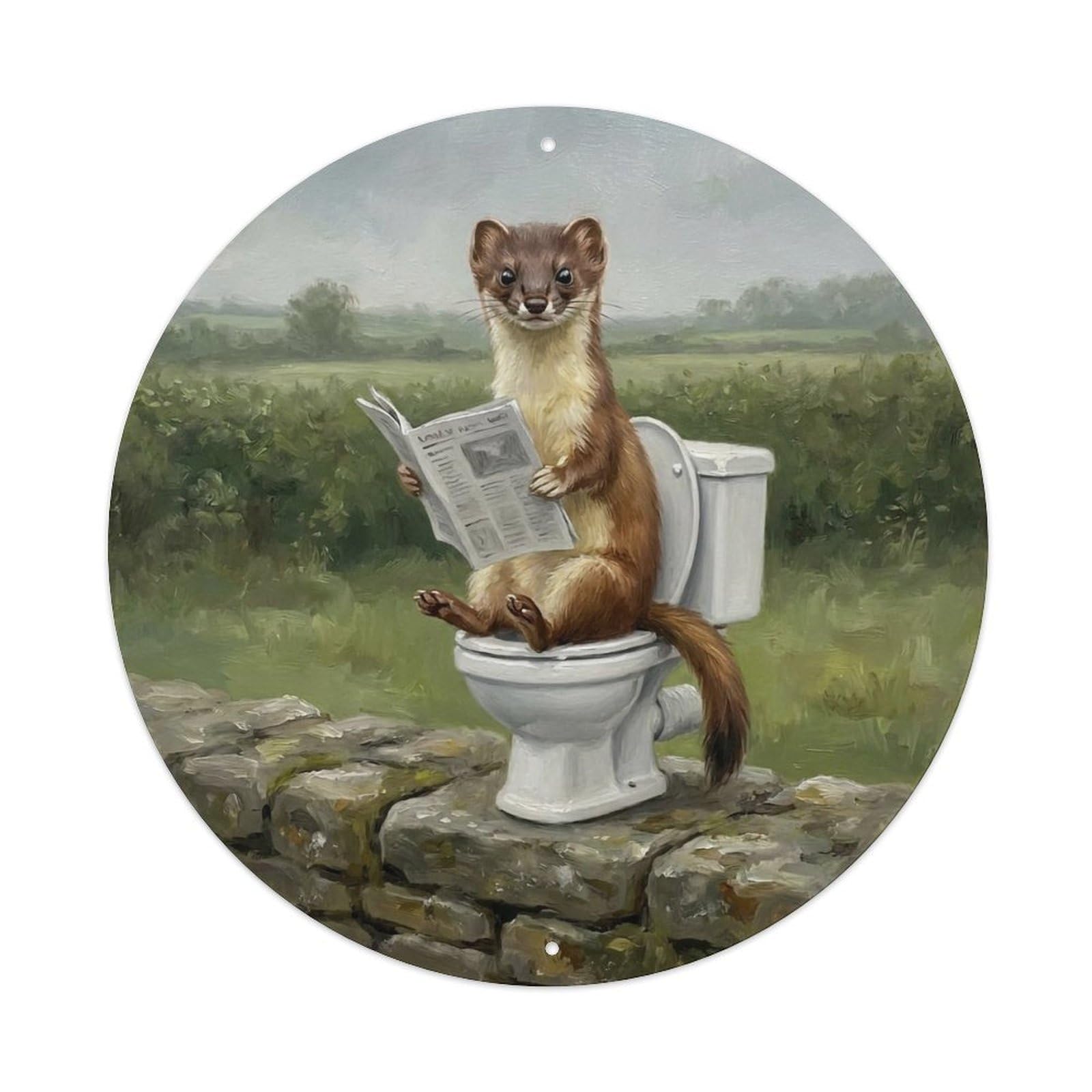 Weasel On Toilet Humorous Bathroom Stone Wall Reads Metal Tin Sign