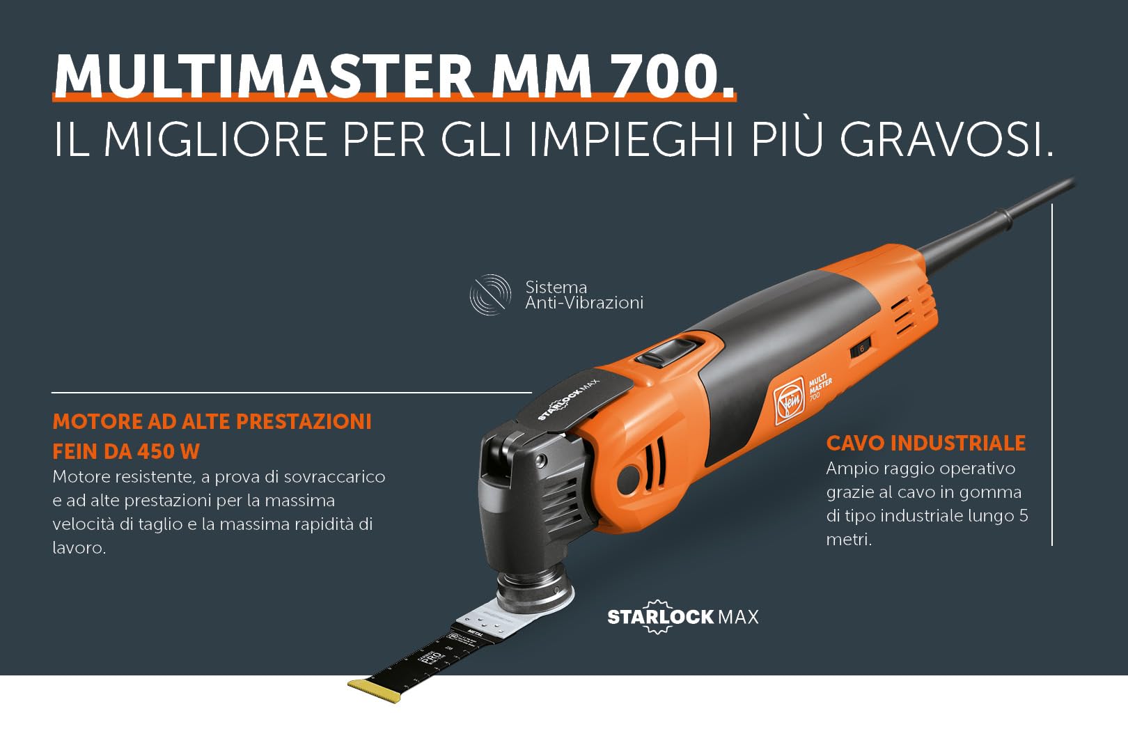 FEIN Multimaster MM 700 Max Top, il migliore utensile multifunzione con 60 accessori, Motore FEIN da 450 W, Sistema antivibrazioni, Attacco portautensile StarlockMax, Sistema di serraggio rapido