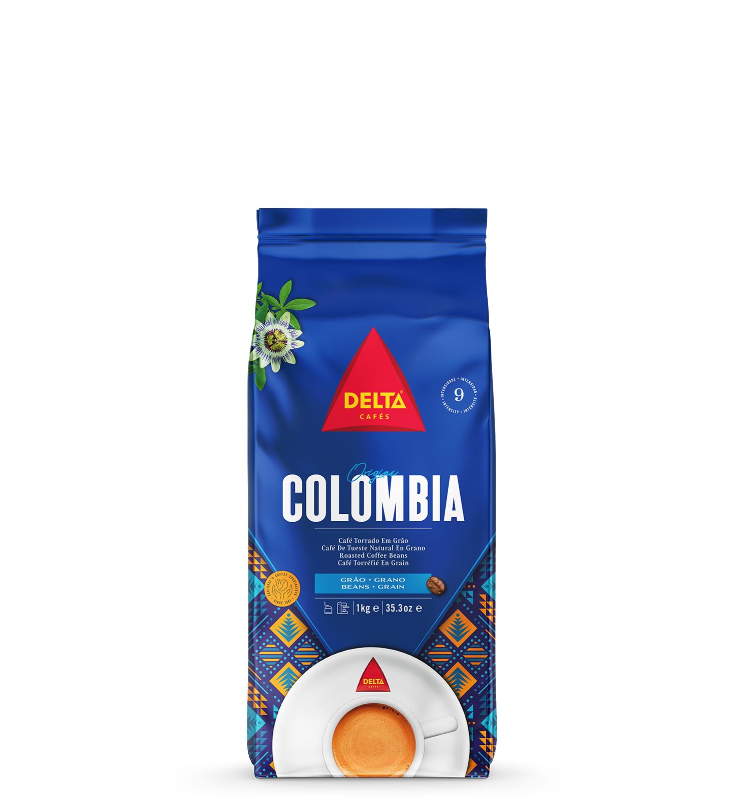 Delta Cafés Colombia Caffè in Grani 1kg – Miscela Arabica Colombiana Single Origin, Intensità 9, Chicchi Espresso Morbidi e Vellutati con Note Agrumate