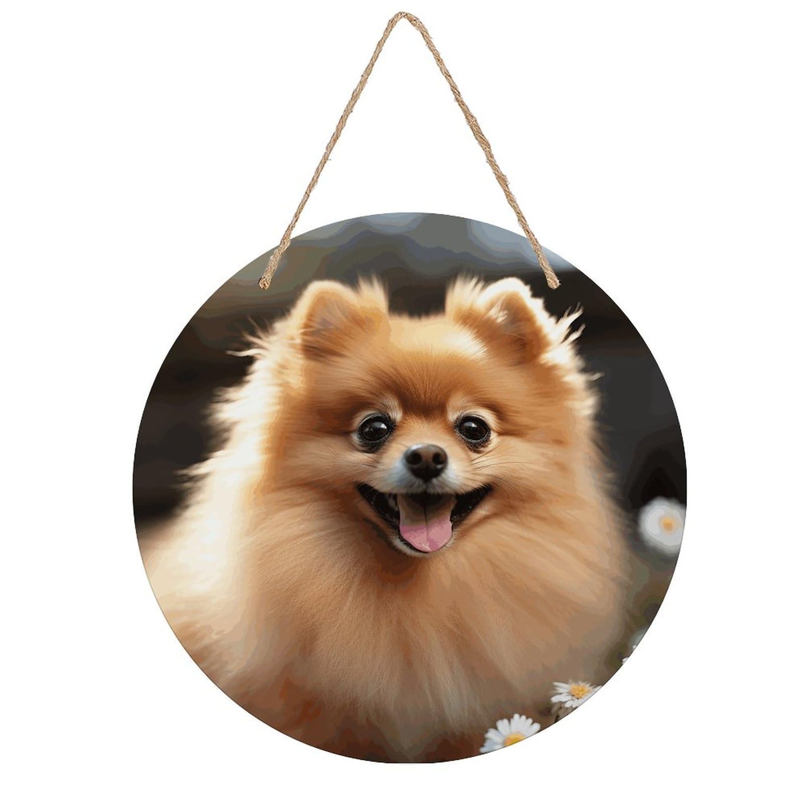 VstaDank Pomeranian Dog Wall Art Decor with Ropes Wooden Hanging Sign Hanging Wall Decor Artwork Round Wood Painting Modern Wall Prints Decor Picture for Office Bar Home Decors