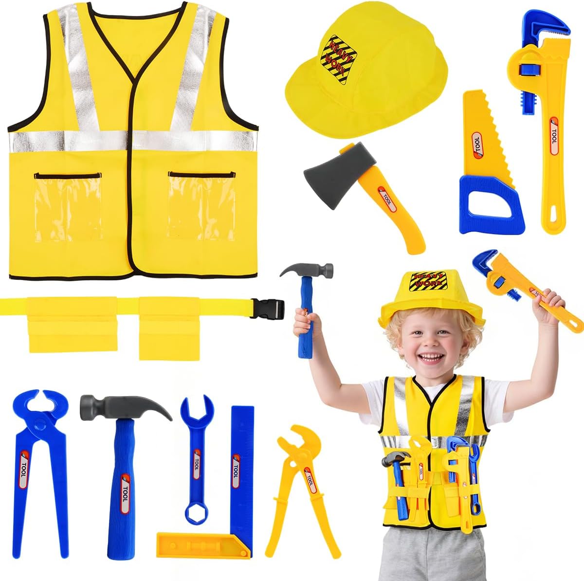 Fantspati Construction Worker Costume for Kids 3-7: 11-Pc Role Play Set with Helmet, Tools & Vest - Toddler Builder Pretend Play Outfit Boys Girls Halloween