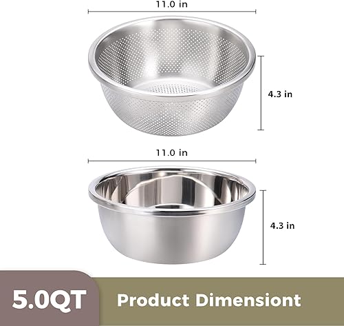 Miniatura 3 de Juego de colador y cuenco de 5.0 cuartos de galón (2 en 1) – Cuenco grueso de cocina de acero inoxidable 304 para frutas, pasta, verduras, arroz,