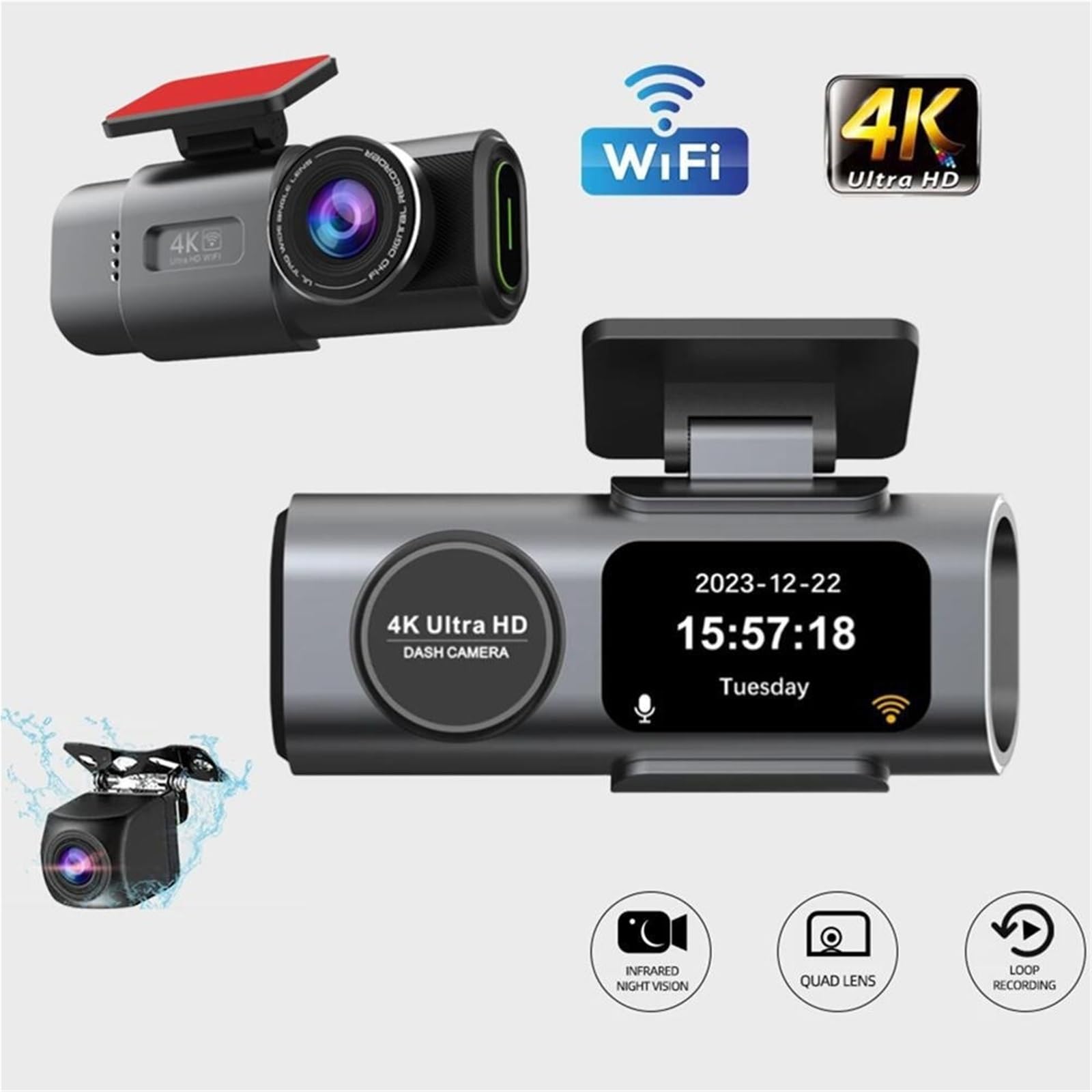 Kamera samochodowa, Kamera Na Deskę Rozdzielczą 4K GPS WIFI APP 24H Noktowizor Mini Tylny Obiektyw Dashcam Wideorejestrator Samochodowy Do Czarnej Skrzynki