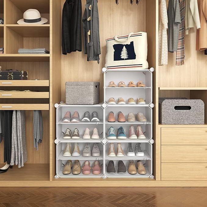 Image of Strassis Design Plastic Shoe Rack for Home | 10 Shelf DIY Shoe Rack with Door Magnets for Home Storage Plastic Box Organizer, Metal Door Frame, Chappal Slipper Sandals Stand (White,5 Door)