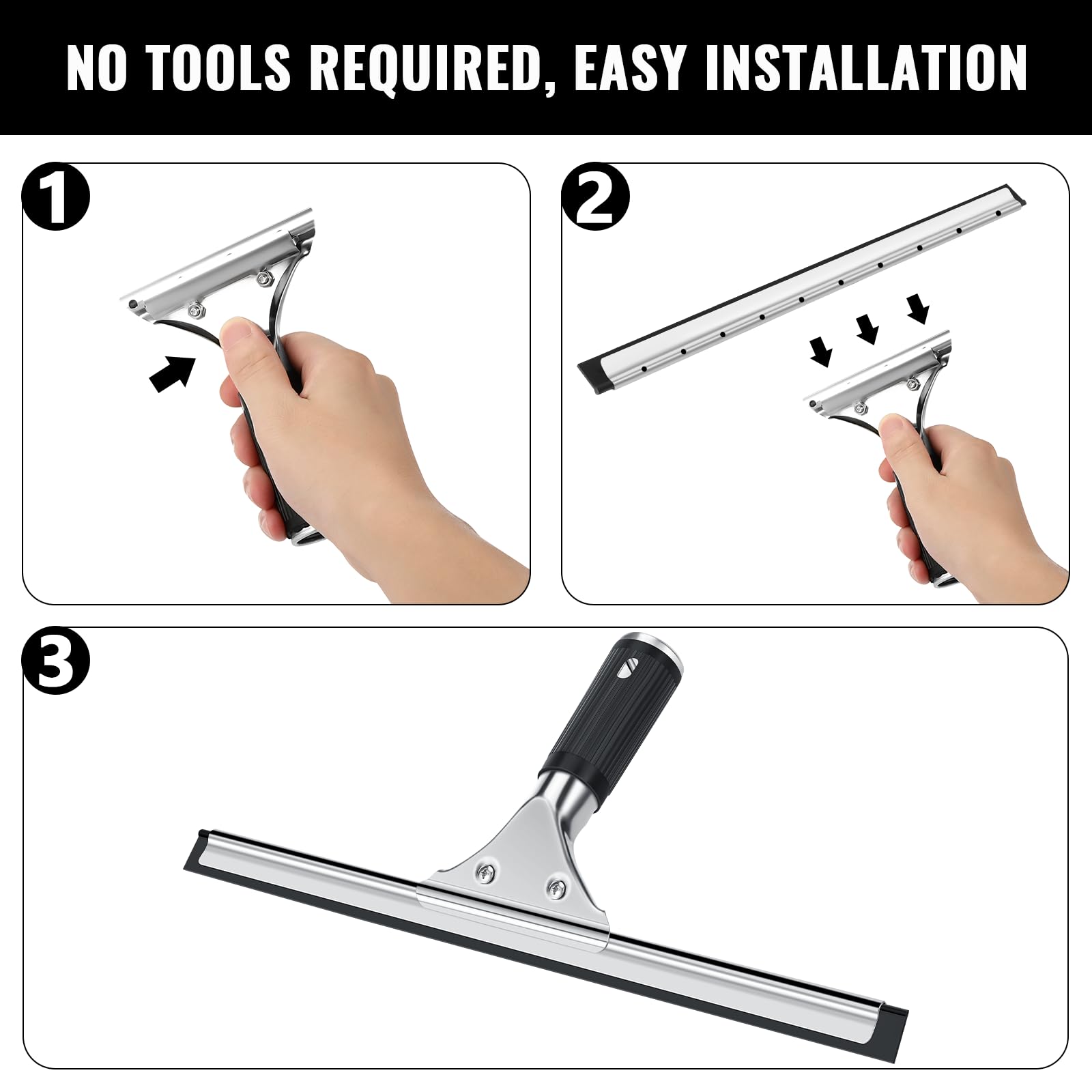 Kasanni Limpiacristales Ducha Profesional 30 cm, Escobilla de Goma para Ventana de Acero Inoxidable para Limpiar y Secar Vidrio, Azulejos, Ventanas, para Eliminar Cualquier Resto de Agua (Negro)