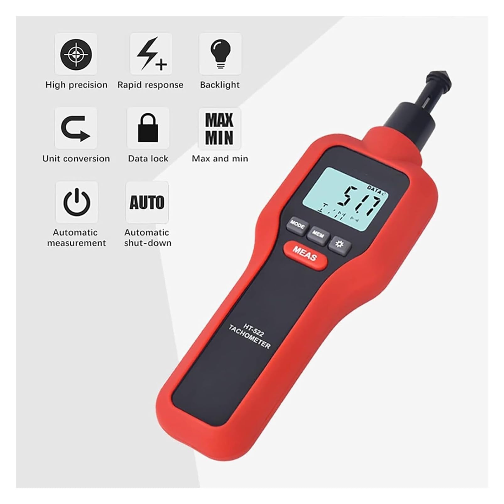2-in-1-Drehzahlmesser, kontaktbehafteter und berührungsloser Drehzahlmesser, Kontaktbereich: 2–20.000 U/min, optoelektronischer Bereich: 2–99.999 U/min, großes LCD-Display