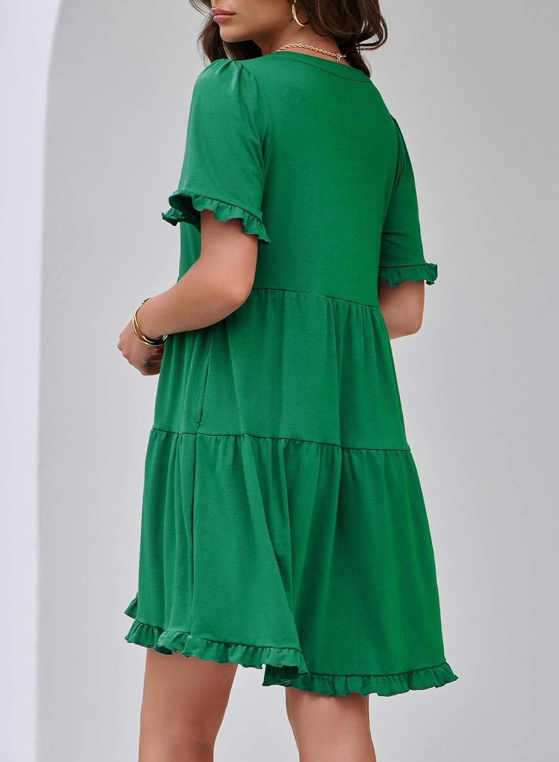 Dokotoo Women's V Neck Short Sleeve Tiered Ruffle Mini Skater Dress Casual Summer Swing Tunic Dress - Image 4