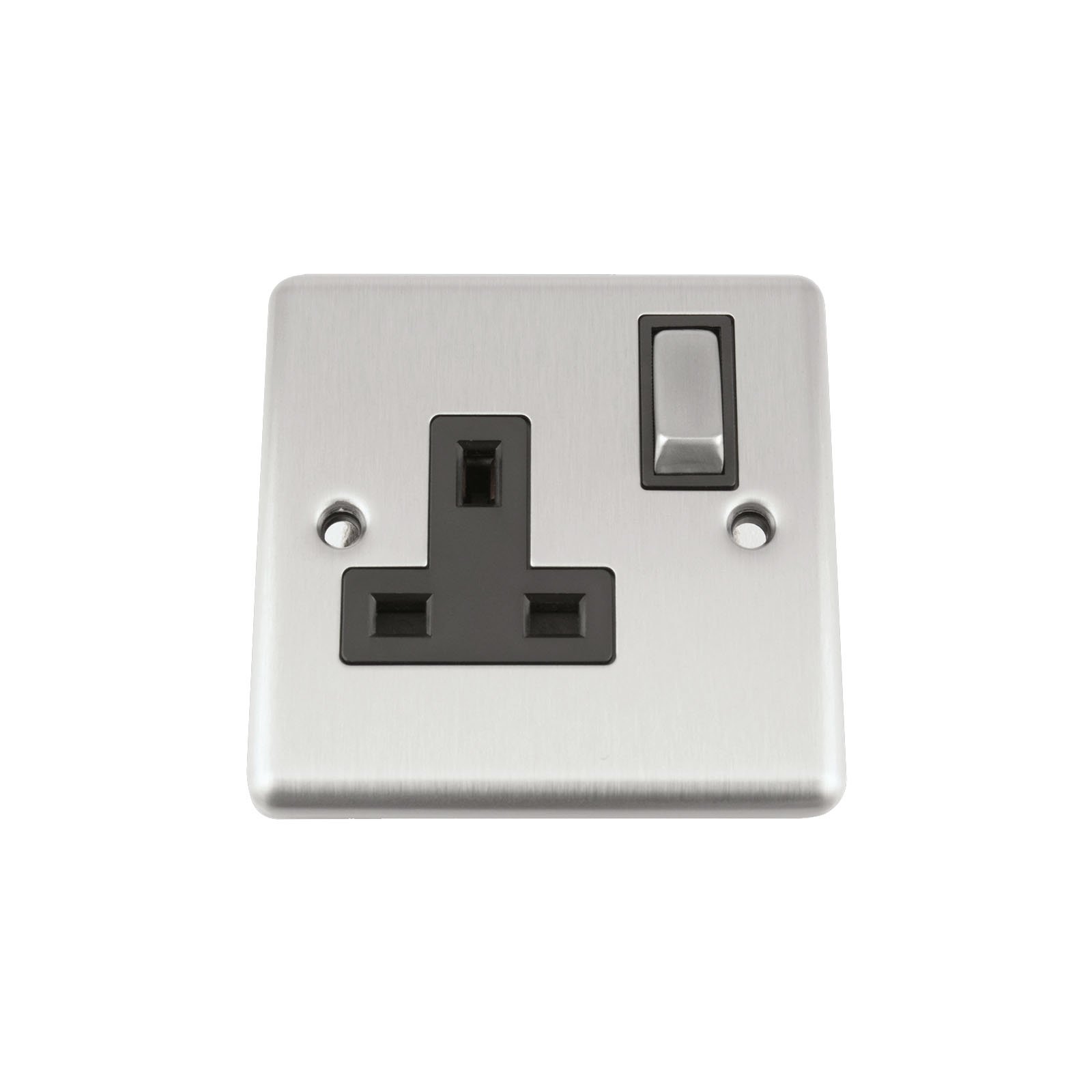 A5 Socket Single 1 Gang Satin Brushed Chrome Classic - Black Insert - Metal Rocker Switches