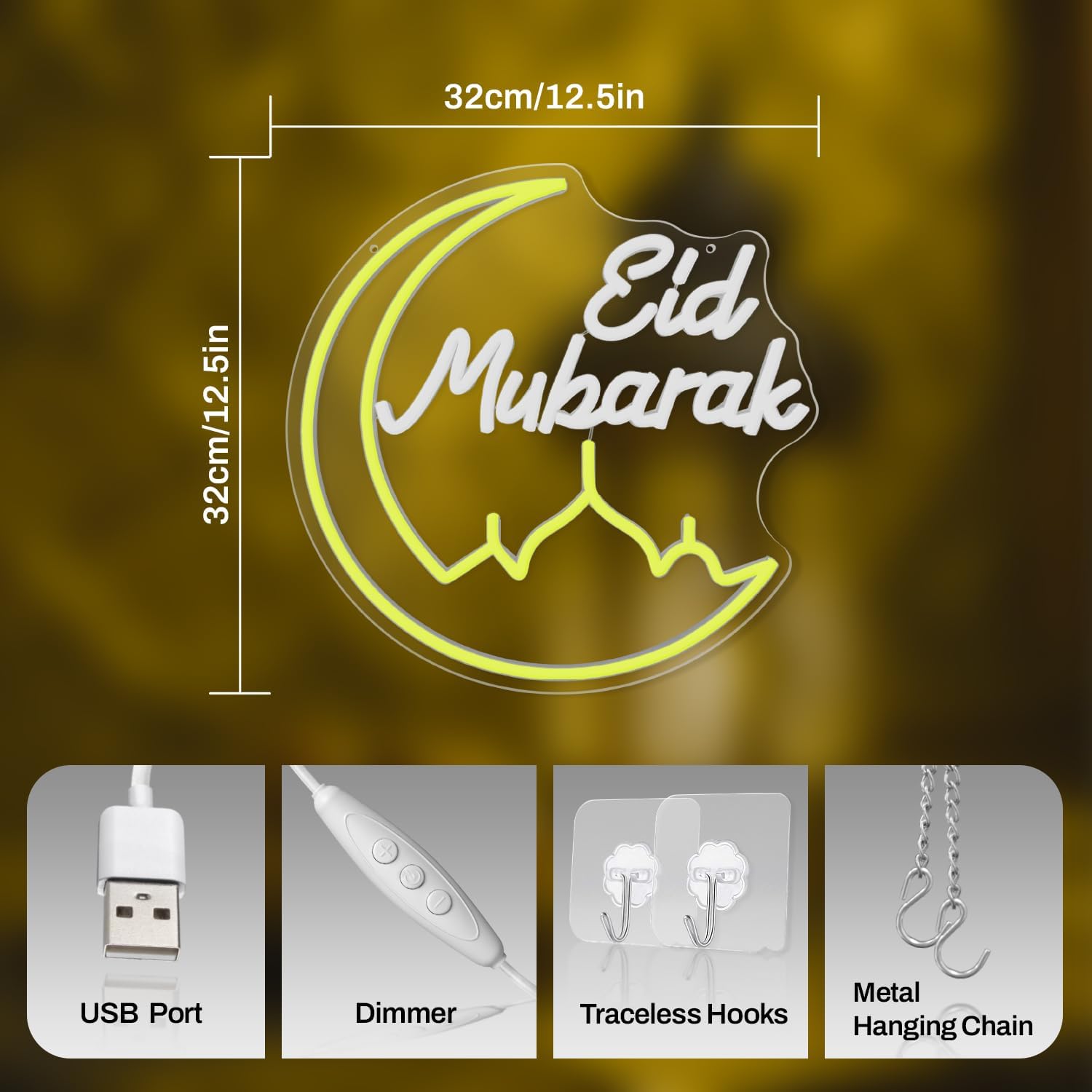 Eid Mubarak Neon Sign with Dimmer – LED Ramadan & Eid Decor Light,USB Powered Islamic Neon Wall Sign for Home,Party,Mosque & Celebration