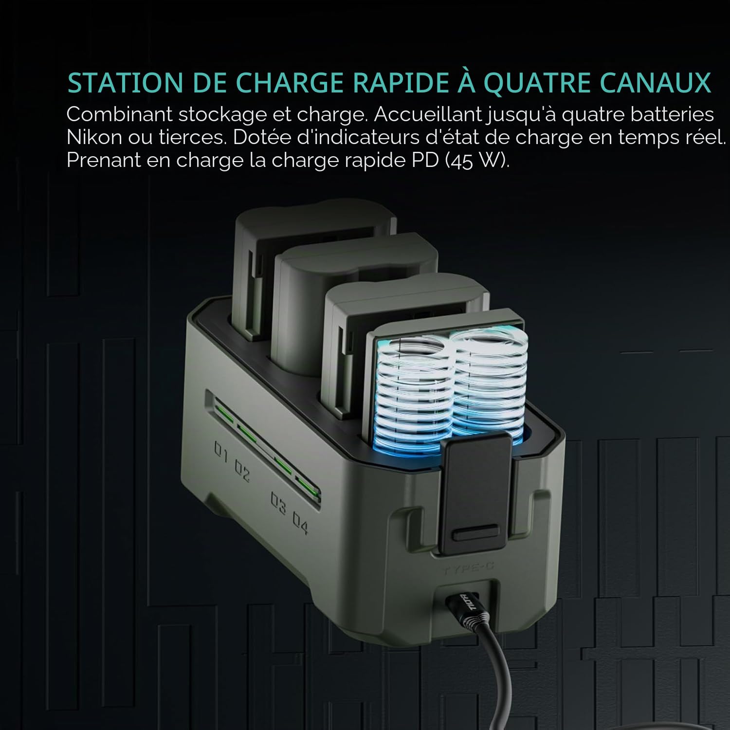 Ensemble de Batteries et Chargeur EN-EL15C, 2 Batteries 2400 mAh et Chargeur Rapide USB-C PD 45W à Quatre canaux, Compatible avec Nikon ZR, Z8, Zf, Z7, Z6, Z5, D850, D810, D750, D610,TBC-EL15C-A-GN