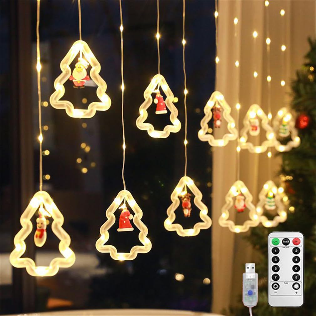 HADAVAKA Christmas Window Led Lights, Curtain Fairy Lights, with Remote Control, USB Powered, 8 Lighting Modes, Suitable for Xmas Party Bedroom Window Wall Decoration (Warm,Xmas Tree)