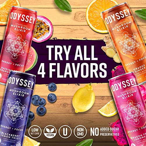 Odyssey Elixir - Sparkling Energy Mushroom Drink - Lions Mane & Cordyceps - Mental Focus & Stress Relief - Mushroom Coffee Alternative - Organic Caffeine - Adaptogens - Blackberry Lemon Twist - 12 Pk #TOP2