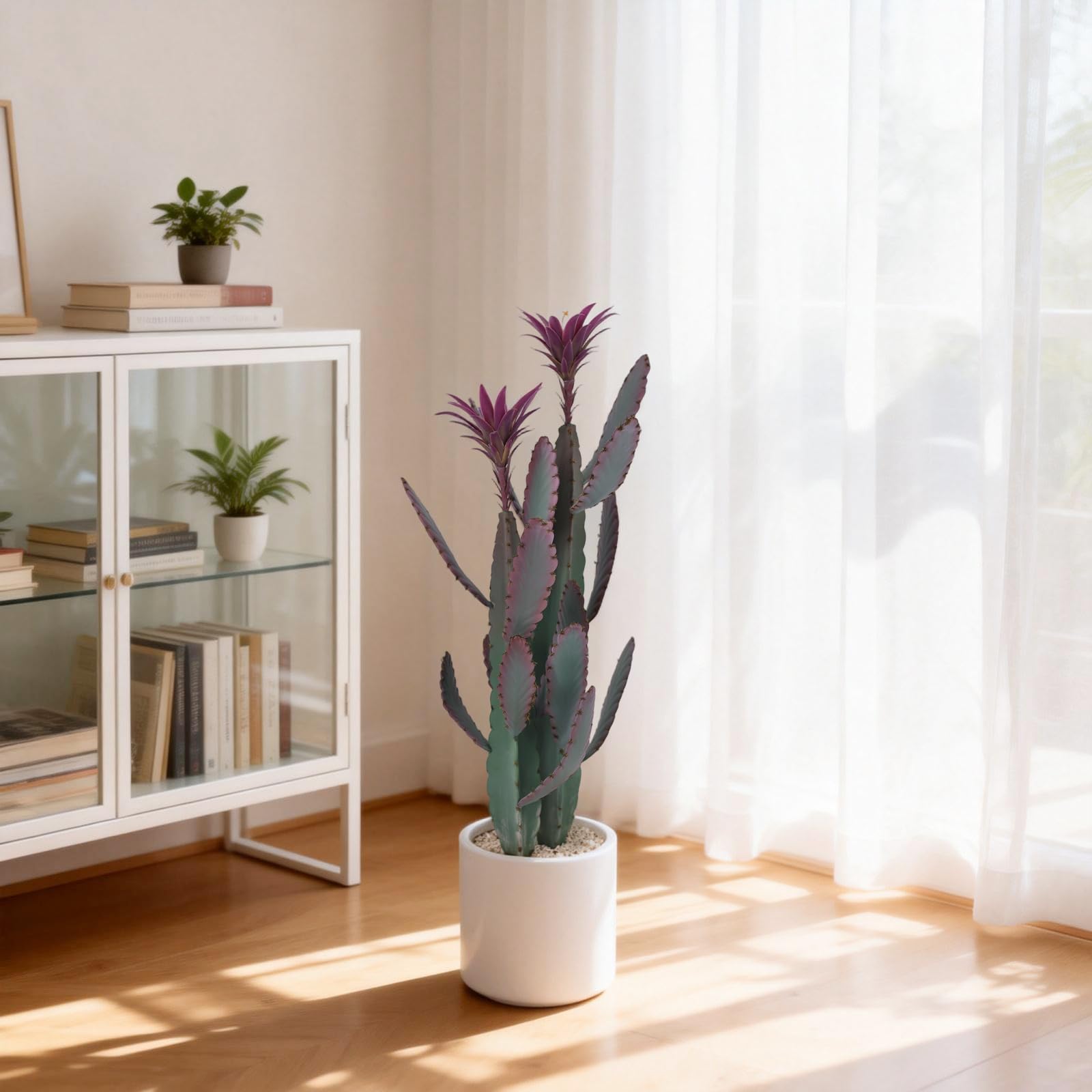 GarveeHome Künstliche Kaktus im Topf 96 x 22cm, Kunstpflanze Kaktus mit Stein und Lila Blume, Dekorative Wüstenkakteen, Sukkulenten Aus Kunststoff Pflanzen für Büro Wohnzimmer Hausdekoration