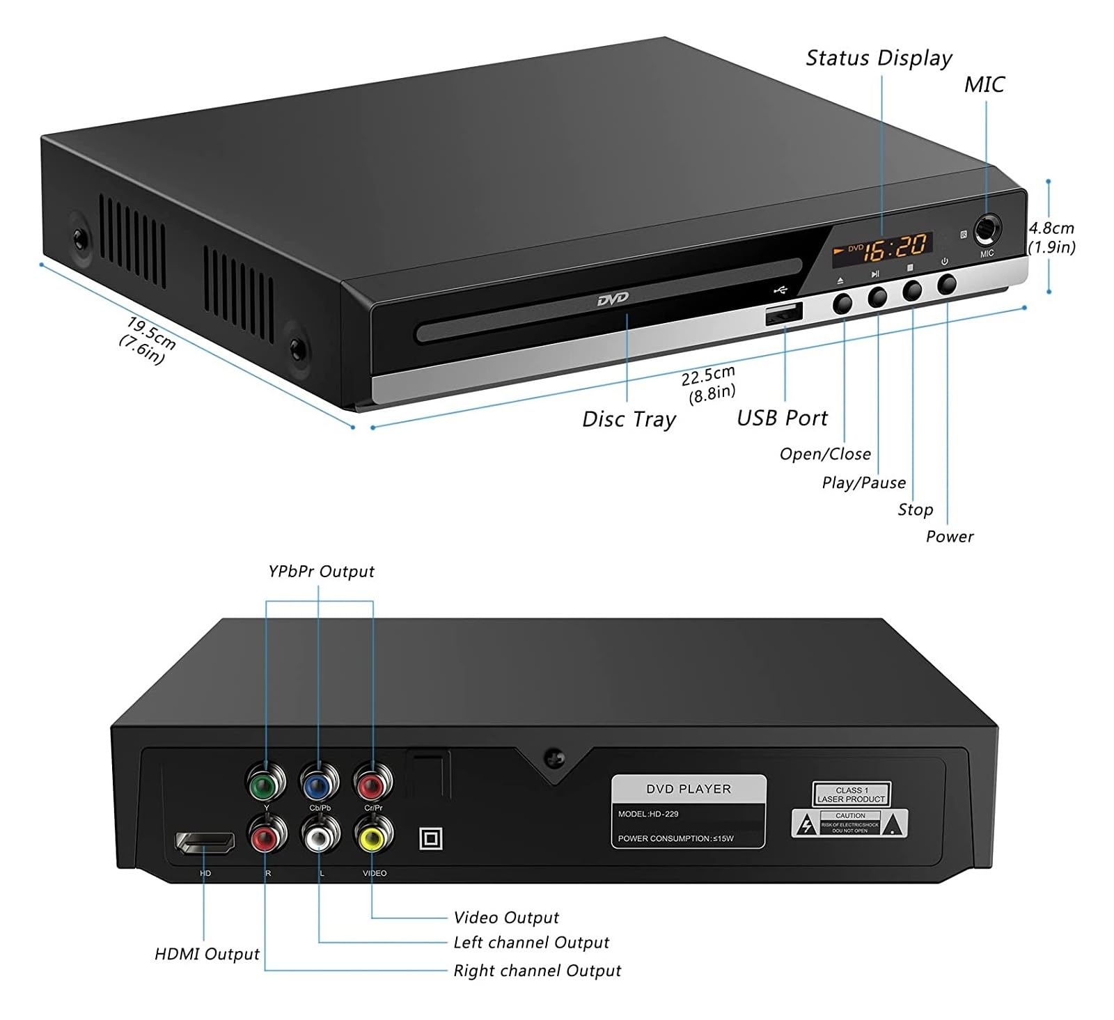 HD-229 Lettore DVD Domestico Lettore Di Dischi DVD CD Lettore Multimediale Digitale Riproduzione Disco U Uscita AV HD Con Telecomando