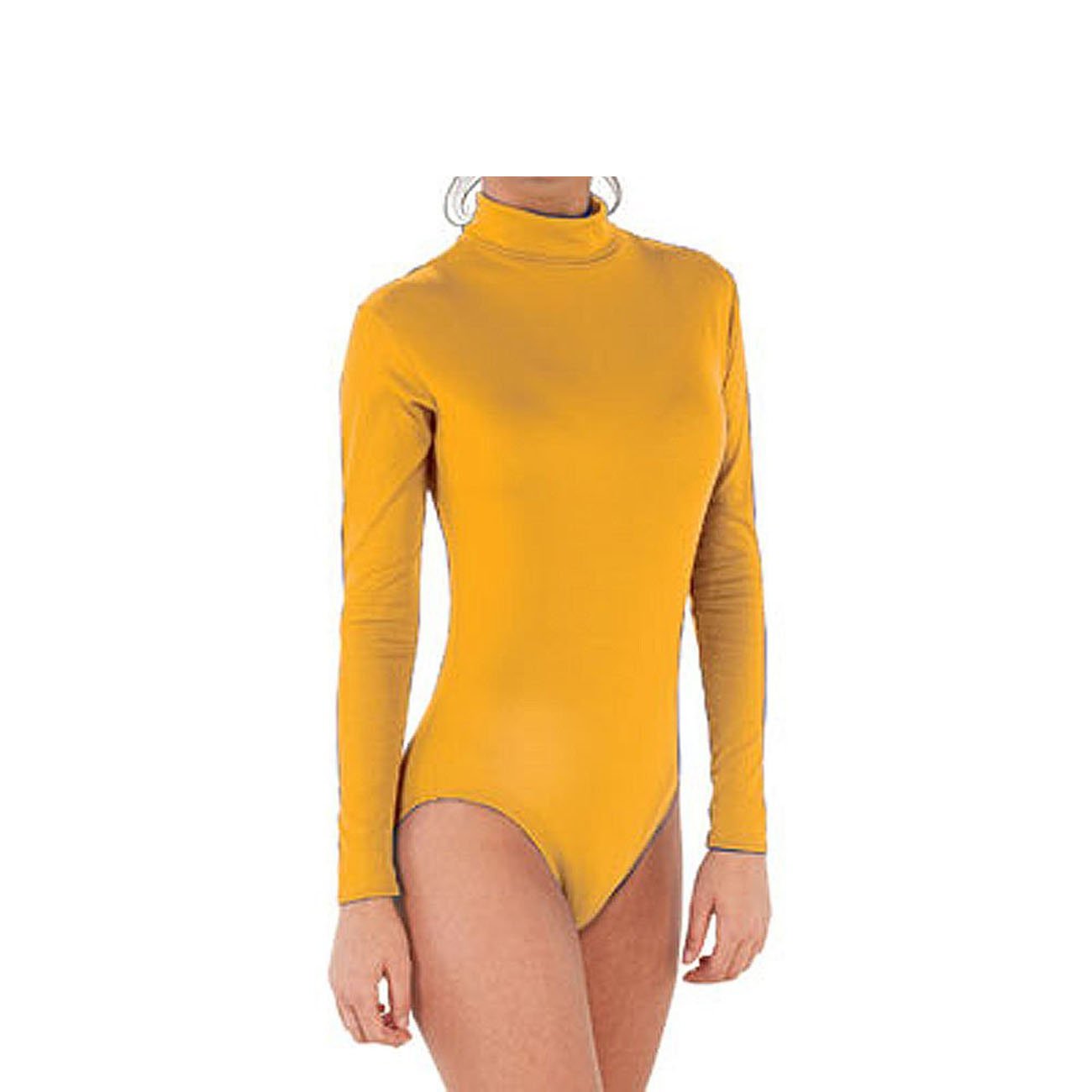 Elegance1234 Women's Yellow Turtleneck Long Sleeve Cotton Leotard/Bodysuits (Large, )