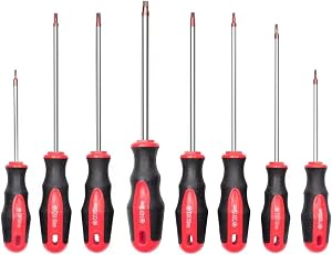 ROTATION 8PCS Magnetic Tip Torx Screwdriver Set, 8 Torx Star Screwdrivers, T8, T10, T15, T20, T25, T27, T30, T40 Red Tip | Red, Gloss, S2 Steel