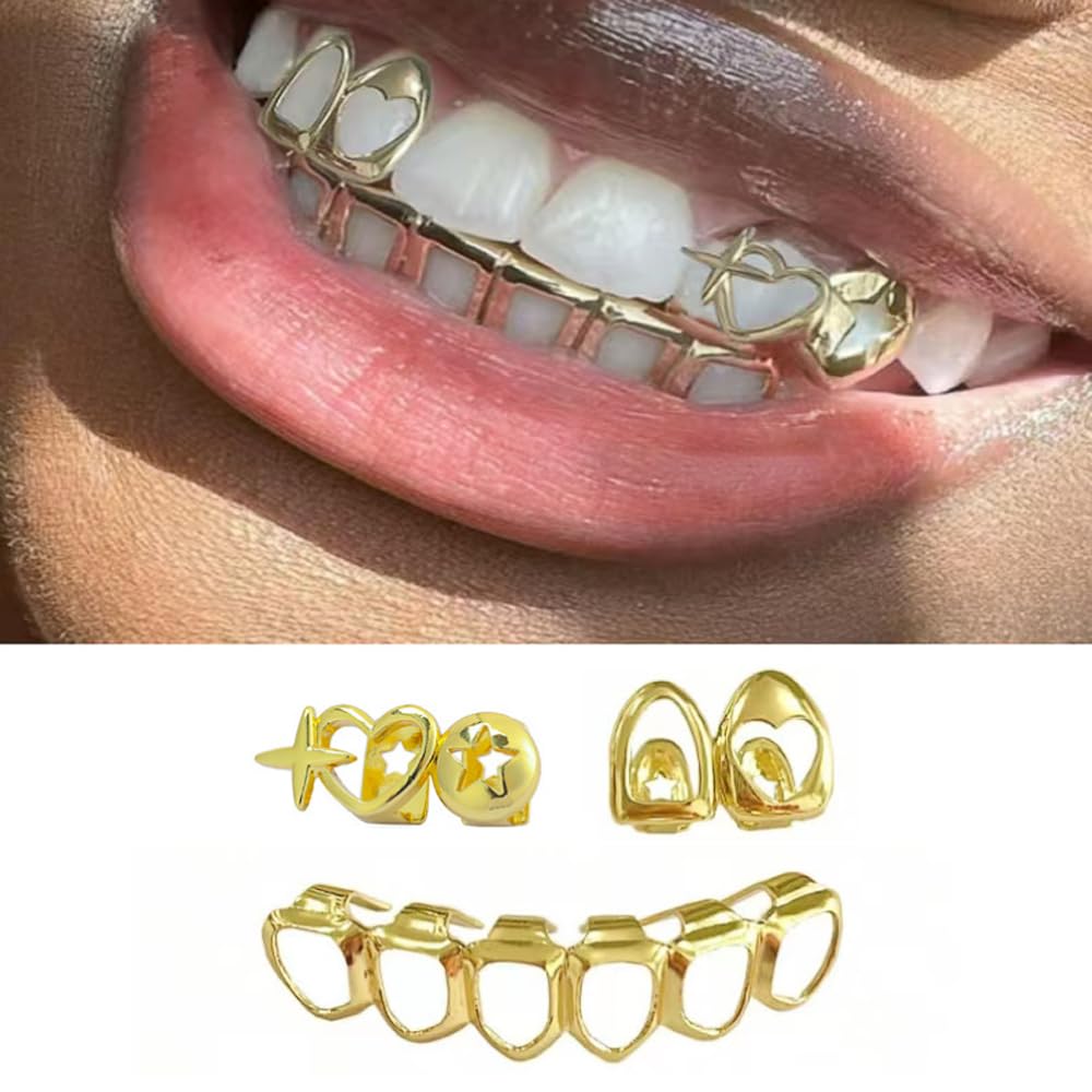 SSyang Hip-hop Teeth, Teeth Grills, hollowed-out Gold Plated Tooth, Braces Top and Bottom Grill Cap Shiny Teeths - Image 3