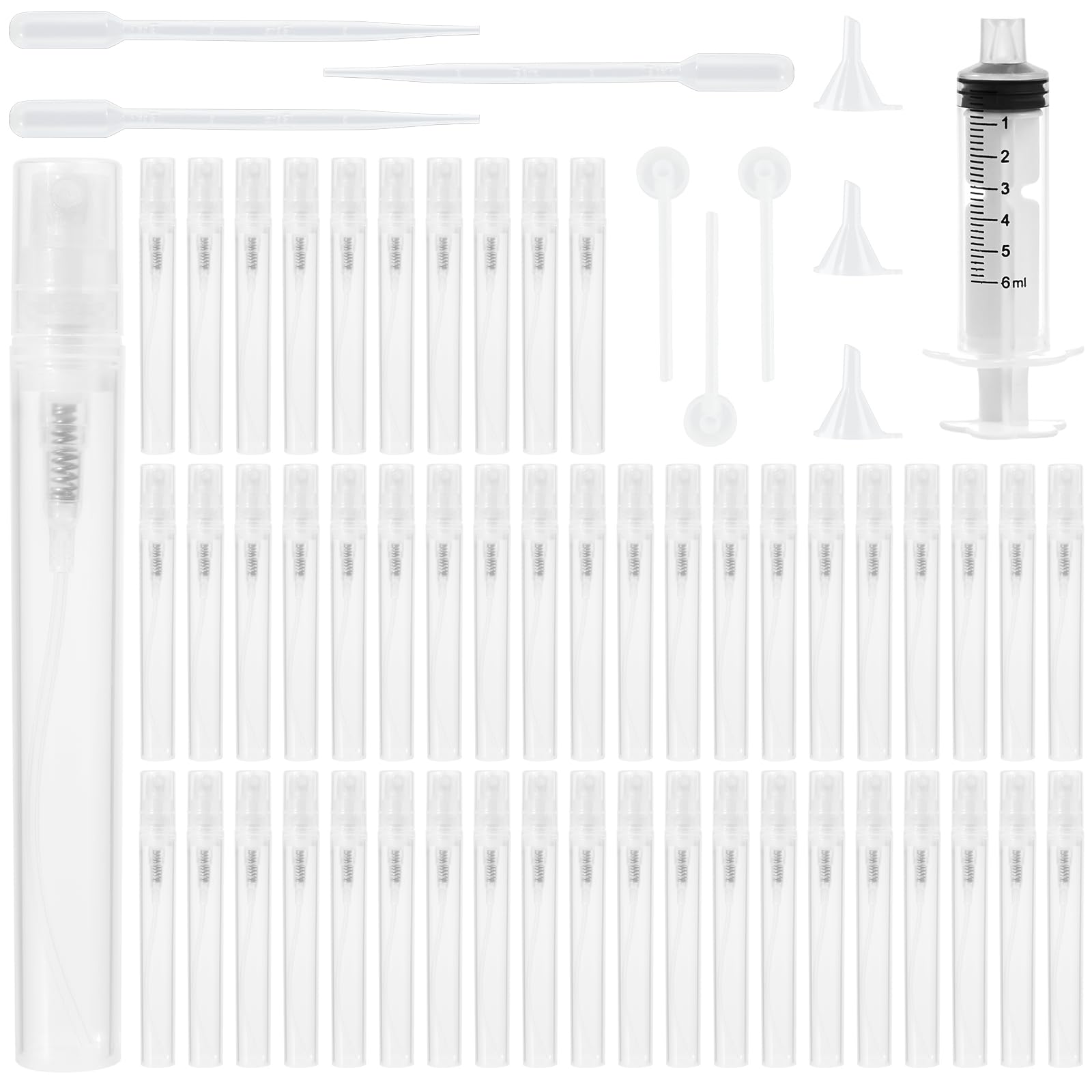 Cotchen 50Pcs Mini Spray Bottle 5ml, Small Travel Perfume Bottle Refillable with 10 Tools, Clear Plastic Small Atomizer Empty, Fine Mist Perfume