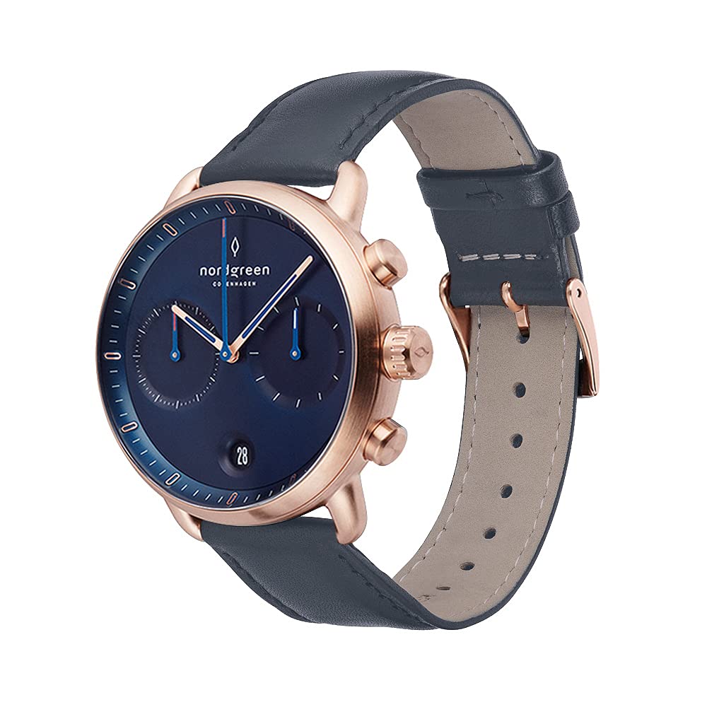 Nordgreen Pioneer Mens Chronograph Watch Scandinavian Rose Gold 42mm with Navy Dial and Navy Leather Strap, Navy Blue Strap, Chronograph,Quartz Movement (B096MDVNN5) Amazon Price History, Amazon Price Tracker