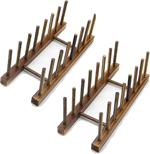 Estante de madera para platos con 7 ranuras para almacenamiento de cocina, organizador para mantener los platos secos (marrón, paquete de 2)