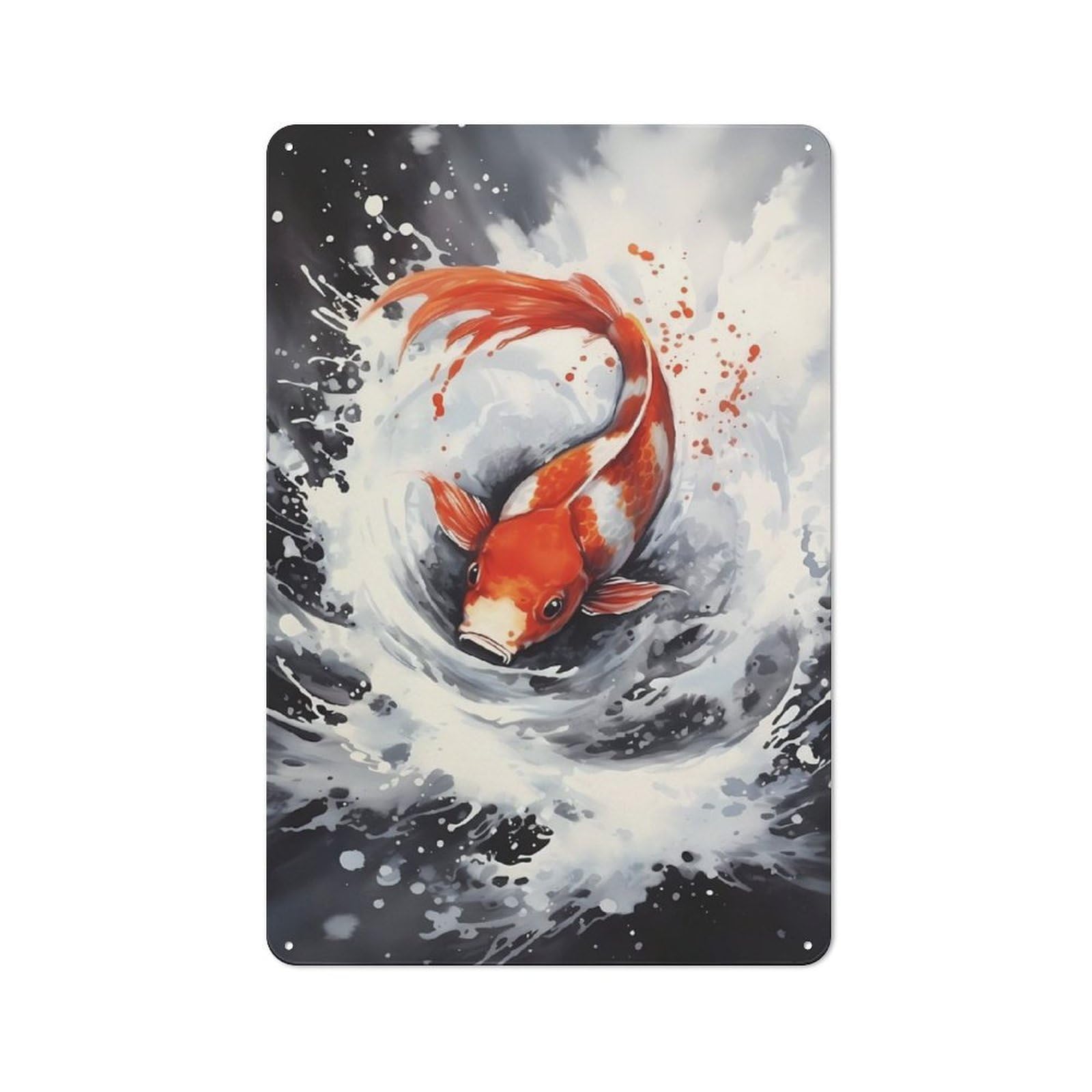 Junmoney Koi Watercolor Fish 30X20cm Rustic Metal Plaque With For Café Or Restaurant, For Themed Interiors In Cafés And Restaurants