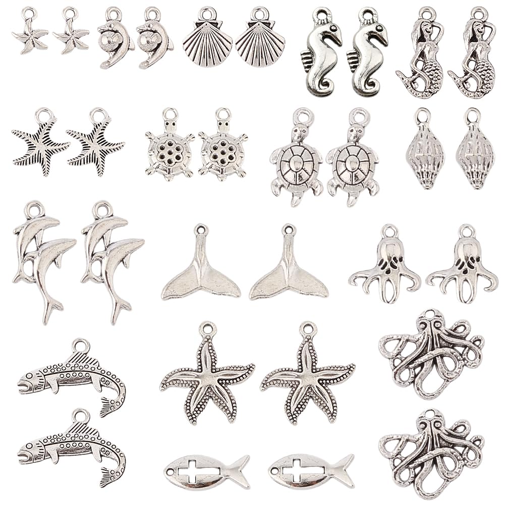 SUNNYCLUE 1 Box 64Pcs 16 Styles Silver Sea Animals Charms Ocean Animal Charms Tibetan Antique Alloy Summer Hawaii Dolphin Mermaid Turtle Dangle Pendants for Jewellery Making Findings DIY Necklace