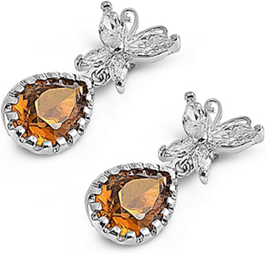 Teardrop Butterfly Earrings Champagne Simulated CZ Clear Simulated CZ .925 Sterling Silver