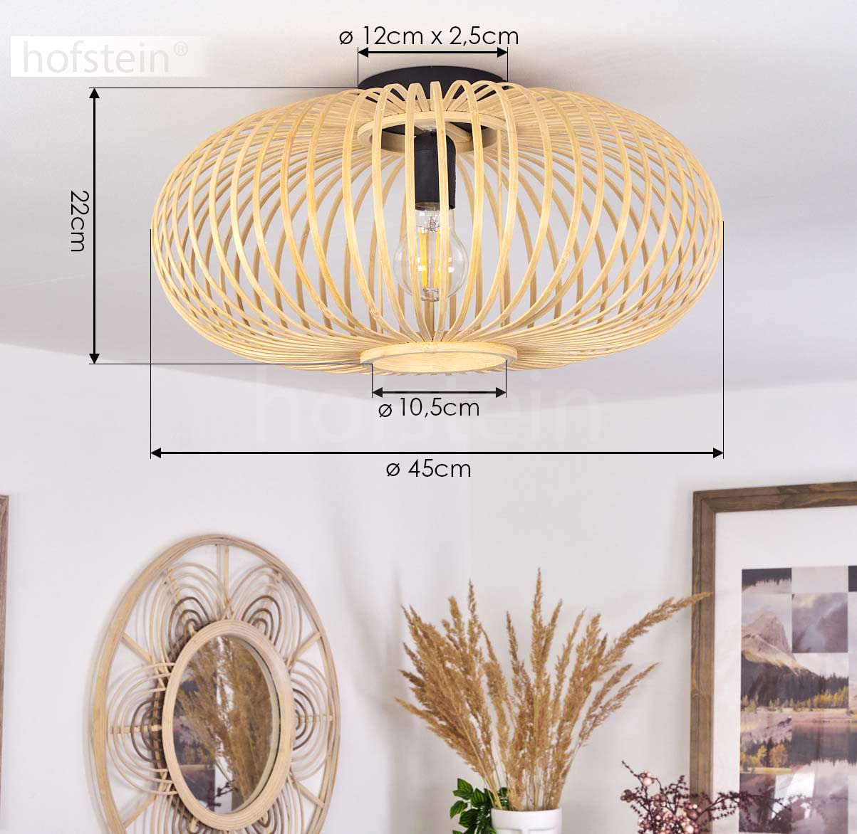 HOFSTEIN Deckenleuchte Oravi, Deckenlampe aus Metall/Holz/Bambus in Schwarz/Natur, Leuchte im Boho/skandinavischen-Design mit tollem Lichteffekt, Ø 45 cm, E27, Wohnzimmer, Esszimmer, Schlafzimmer