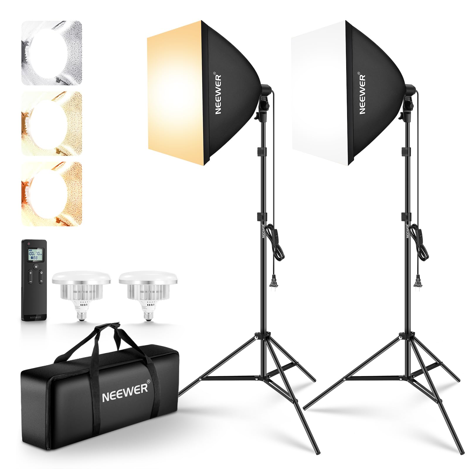 neewer 2pcs 24"x24" 900w equivalent softbox lighting kit with tripod stands, 45w bi color 2.4g led bulbs, remote, 10 channels 2900k-7000k 1400lx/m cri95, photography continuous lighting kit, nk103