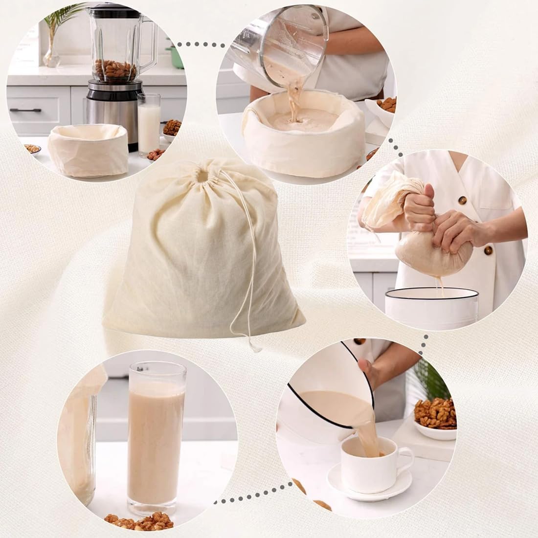 Bolsas de Leche de Nuez Reutilizables 100% Algodón 4 Piezas 20x30 30x45 cm