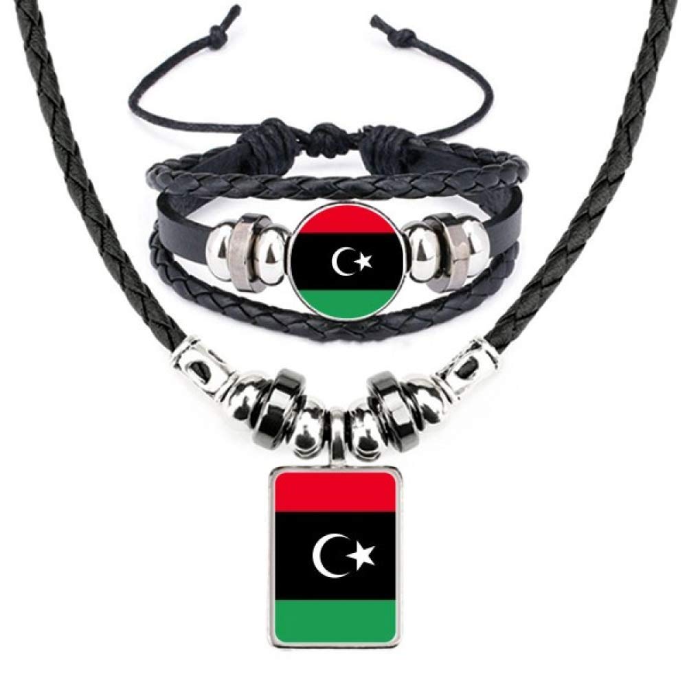 Libya National Flag Africa Country Leather Necklace Bracelet Jewelry Set