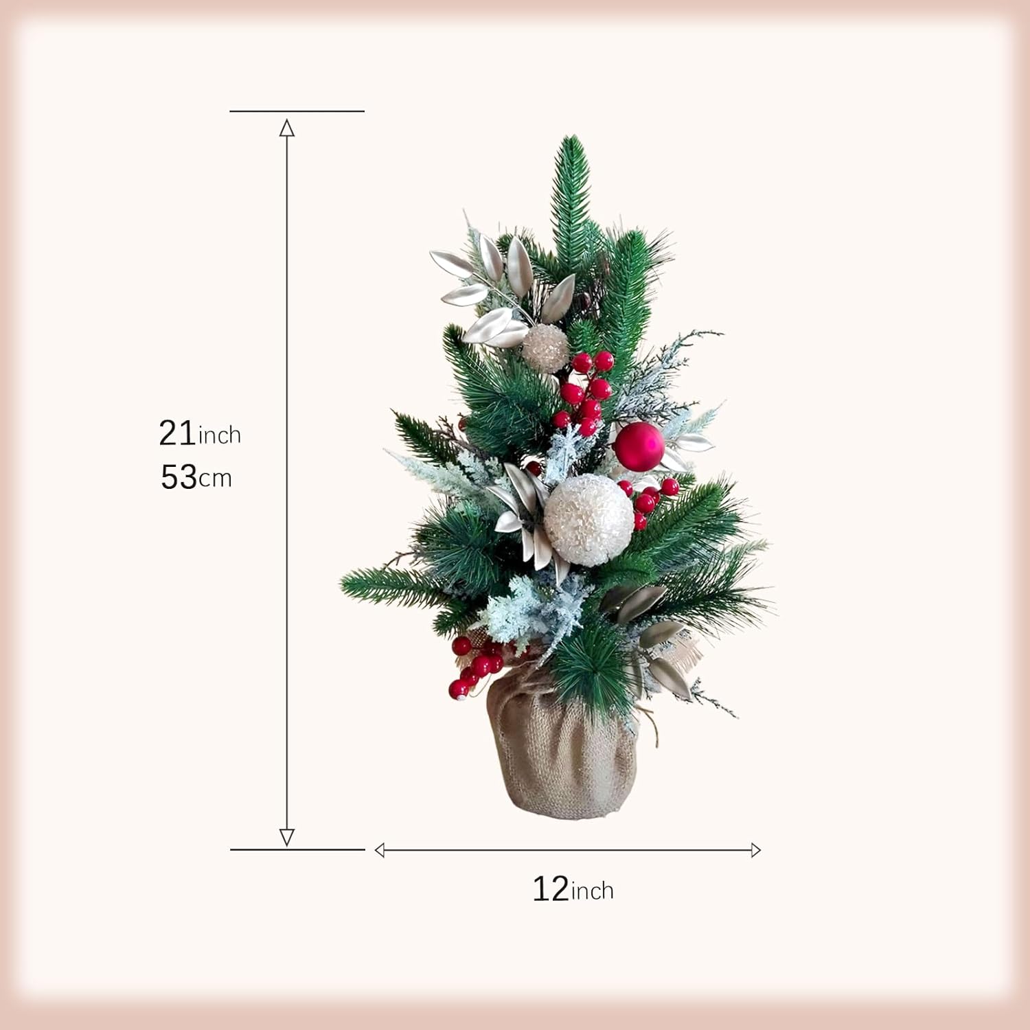 idyllic 21 Inch Snowy Mini Christmas Tree with Red Berries - Small Tabletop Flocked Christmas Decorations for Holiday Party, Home, Office - Includes Cloth Bag Base