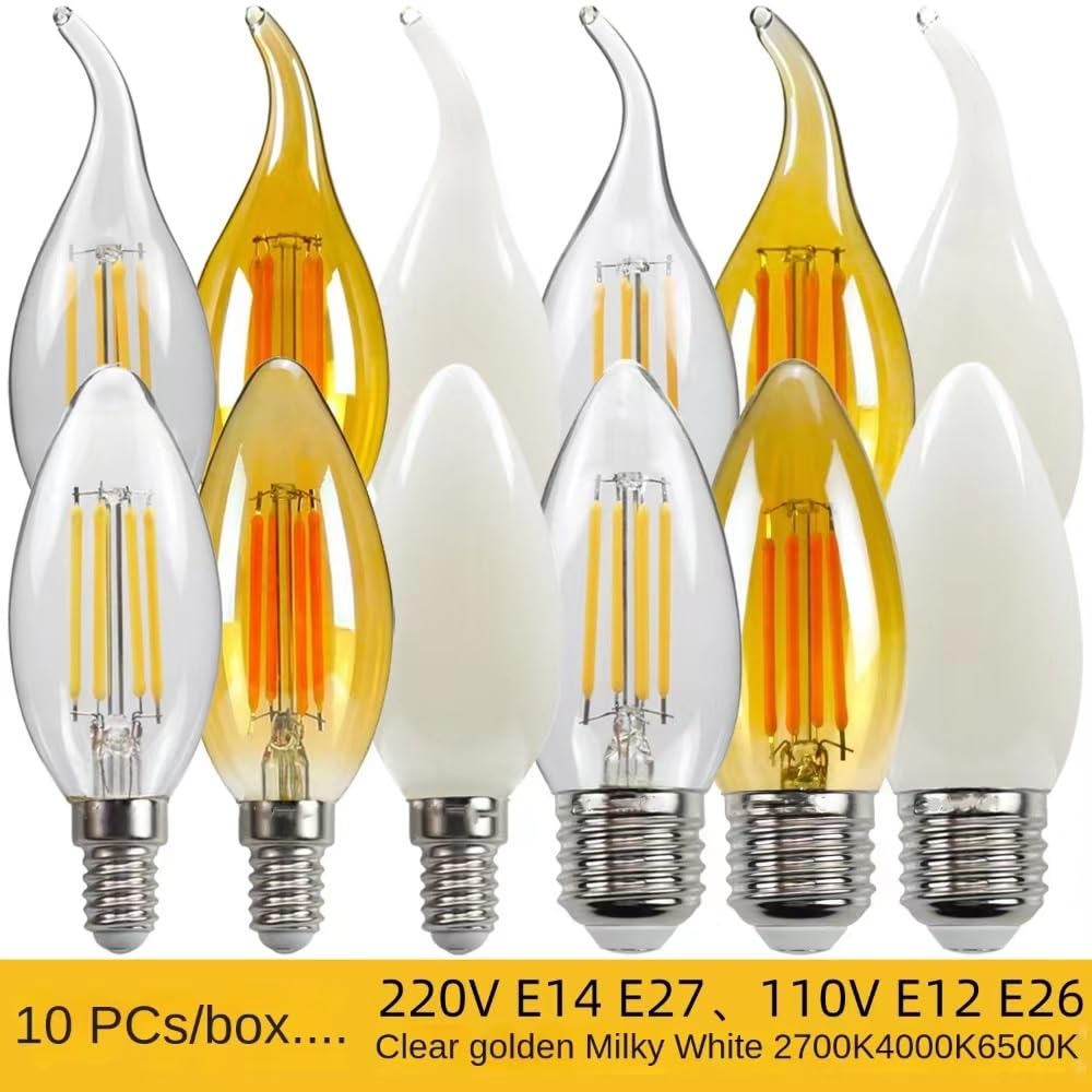 Packung mit 10 Stück Kerzenlampen C35 4W 6W Filament LED Dimmbar 220V 110V E12 E14 E27 Kronleuchter Kerzenhalter Lampensockel Flammenform ( Color : C35L 2700K , Size : E27 110V_YES_6W )