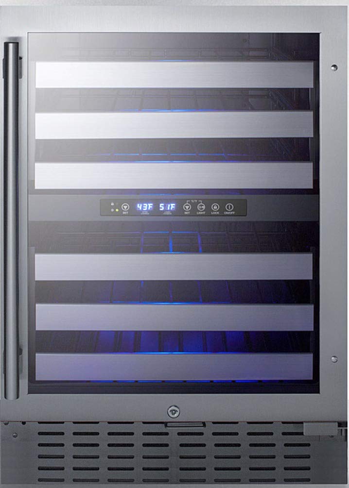 Summit Appliance SWC532BLBISTCSS 24" Wide Built-In Wine Cellar; Automatic Defrost; 46 Bottles; Full-extension Shelving; Two Temperature Zones; Digital Control Panel; Factory Installed Lock