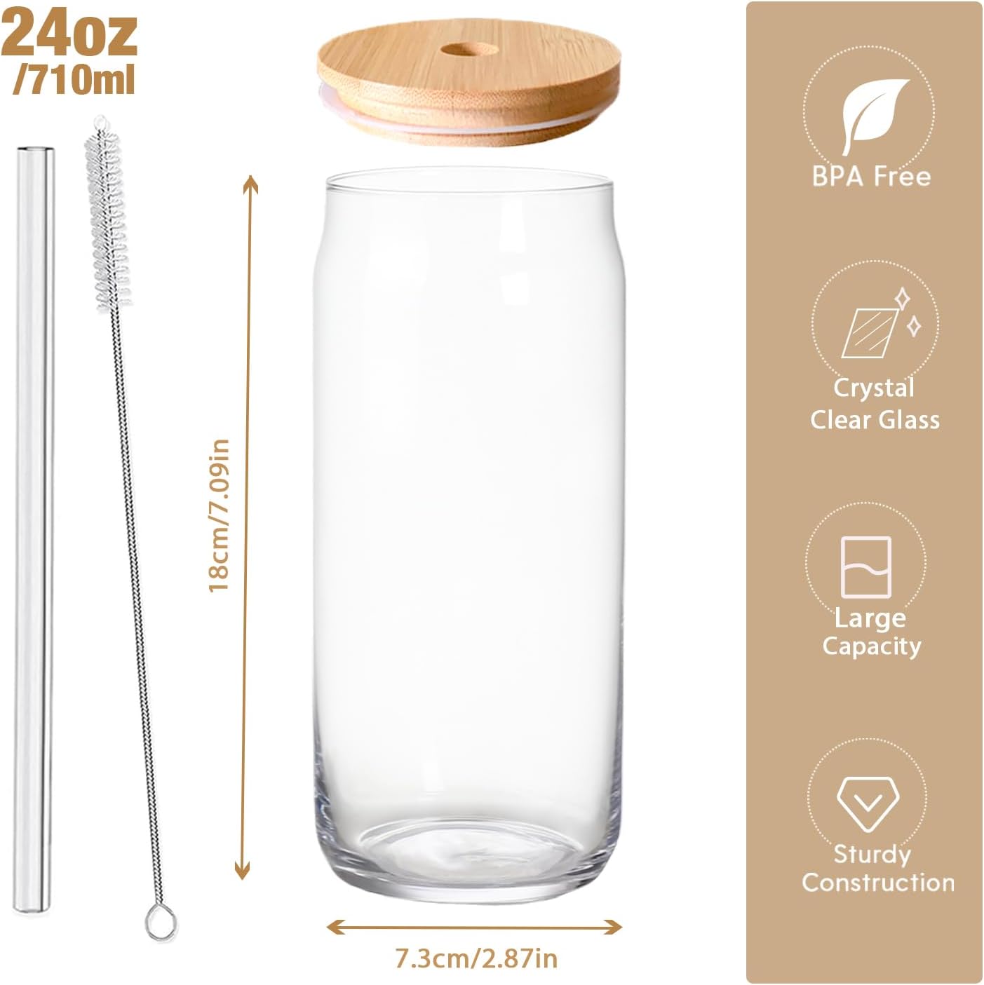 24oz Drinking Glass with Bamboo Lid and Straw, 2 Pack Glass Tumbler for Beer, Iced Coffee, Matcha Cup with 2 Straw Brush - Image 3