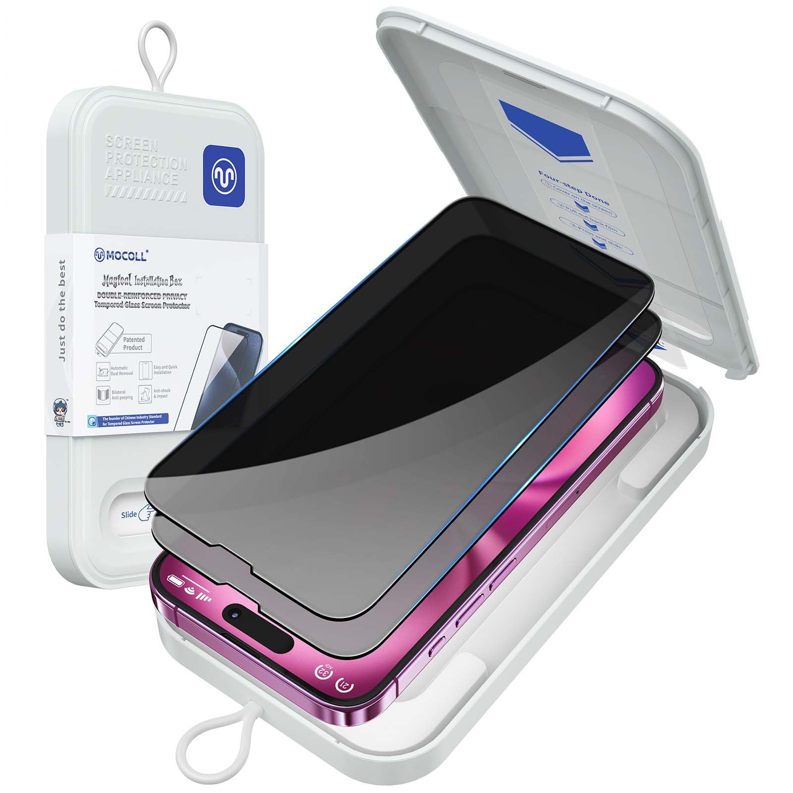 MOCOLL for iPhone 16 Screen Protector, Anti-Spy Privacy Protection Ultra-Clear Tempered Glass 9H hardness 6.1/6.3/6.7/6.9 inch Magic Box Installation,