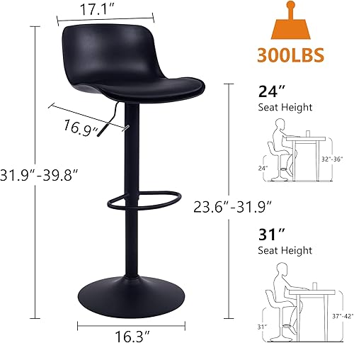 Miniatura 2 de YOUTASTE Juego de 2 taburetes de bar negros, taburetes de bar giratorios ajustables de altura de mostrador con respaldo, cojín de piel sintética,