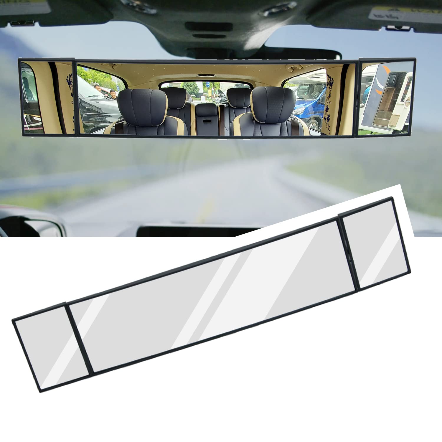 jeseny Rear View Mirror, Wide Angle 15.2" L x 3.15" H Large HD Tri-Fold Panoramic Car Rear View Mirror(Suitable for Most Cars)