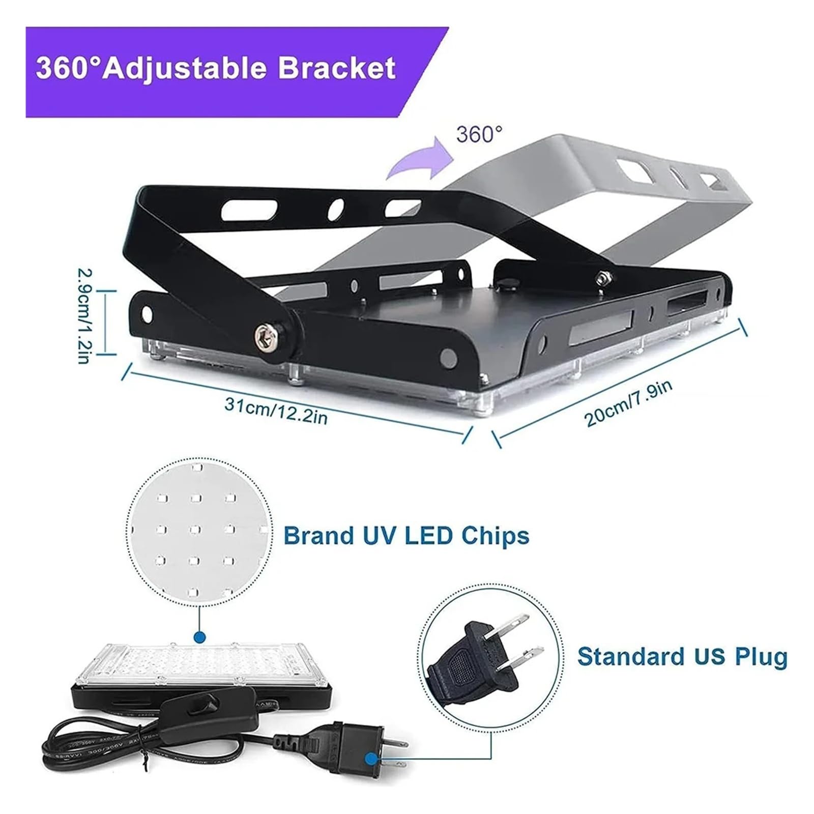 1 reflector LED UV de 50-300 W, 395 nm, 365 nm, resistente al agua, for discotecas, fiestas, escenarios, luz negra. Resina fotosensible solidificada(Black_100W)