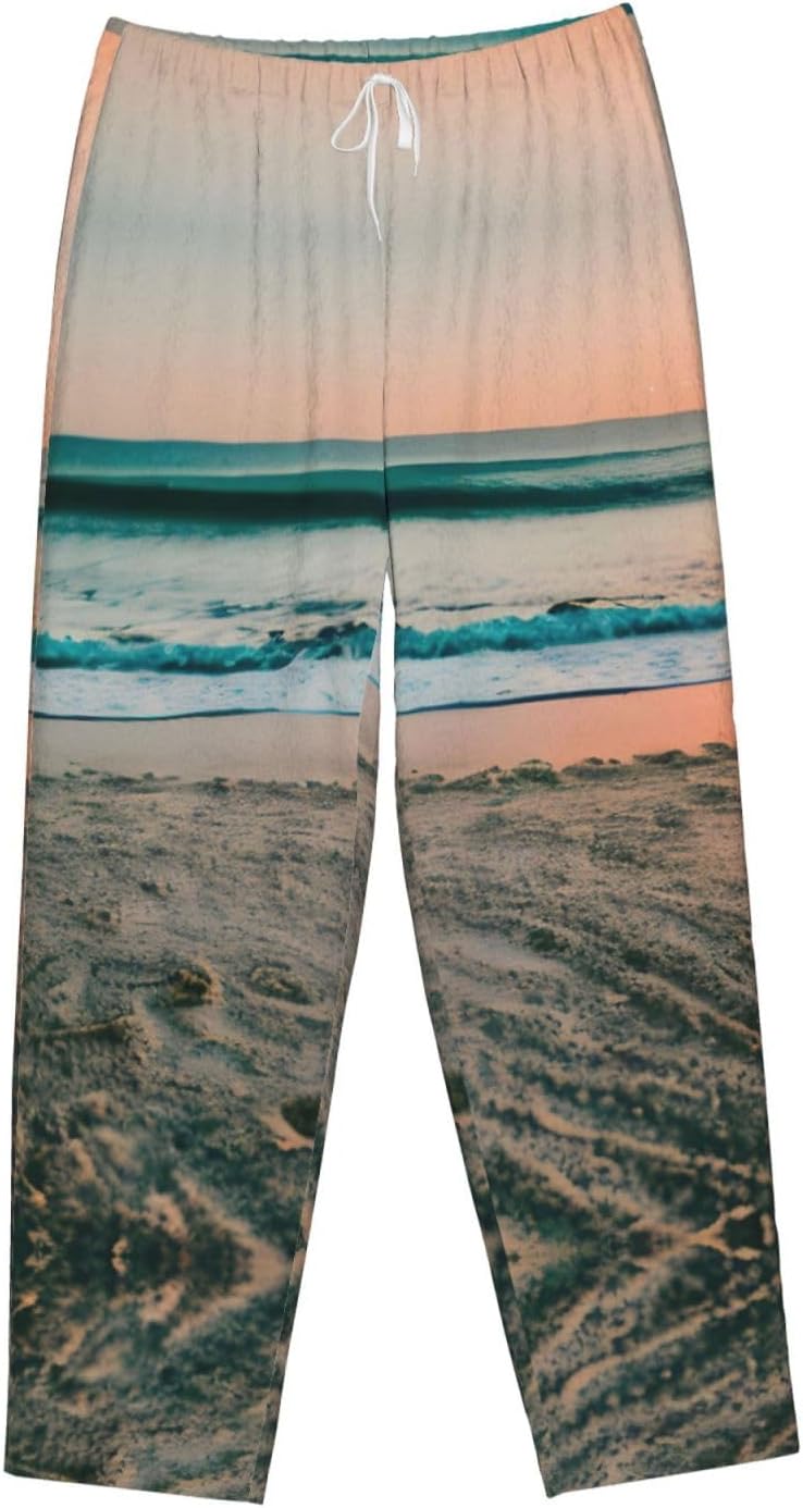 Beach Sunset Theme Print Cozy Christmas Pajama Pants,Flannel Pajama Bottoms,Cater To Various Body Types