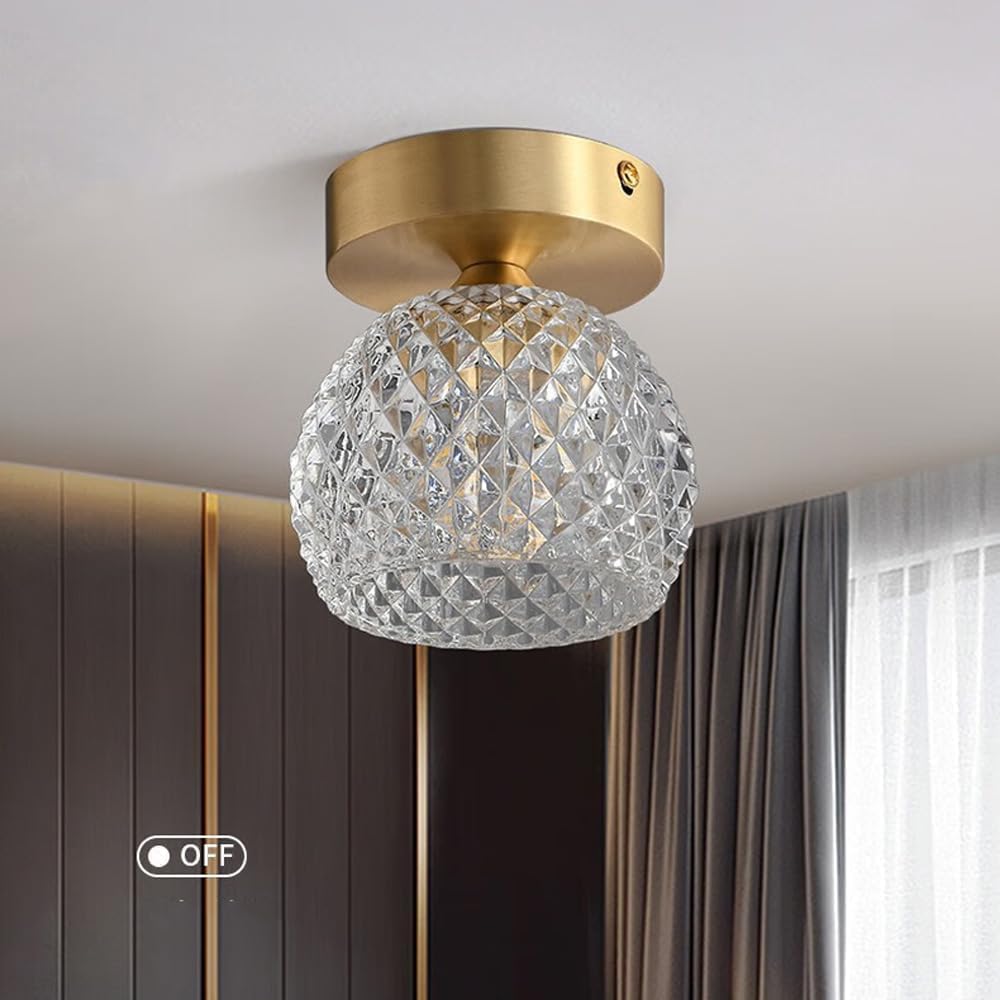 Small Brass Flush Mount Ceiling Light Clear Ribbed Glass Hallway Ceiling Light Antique Gold Nordic Modern Close to Ceiling Light Fixtures Entry Light Fixtures for Front Porch Indoor Entry Way