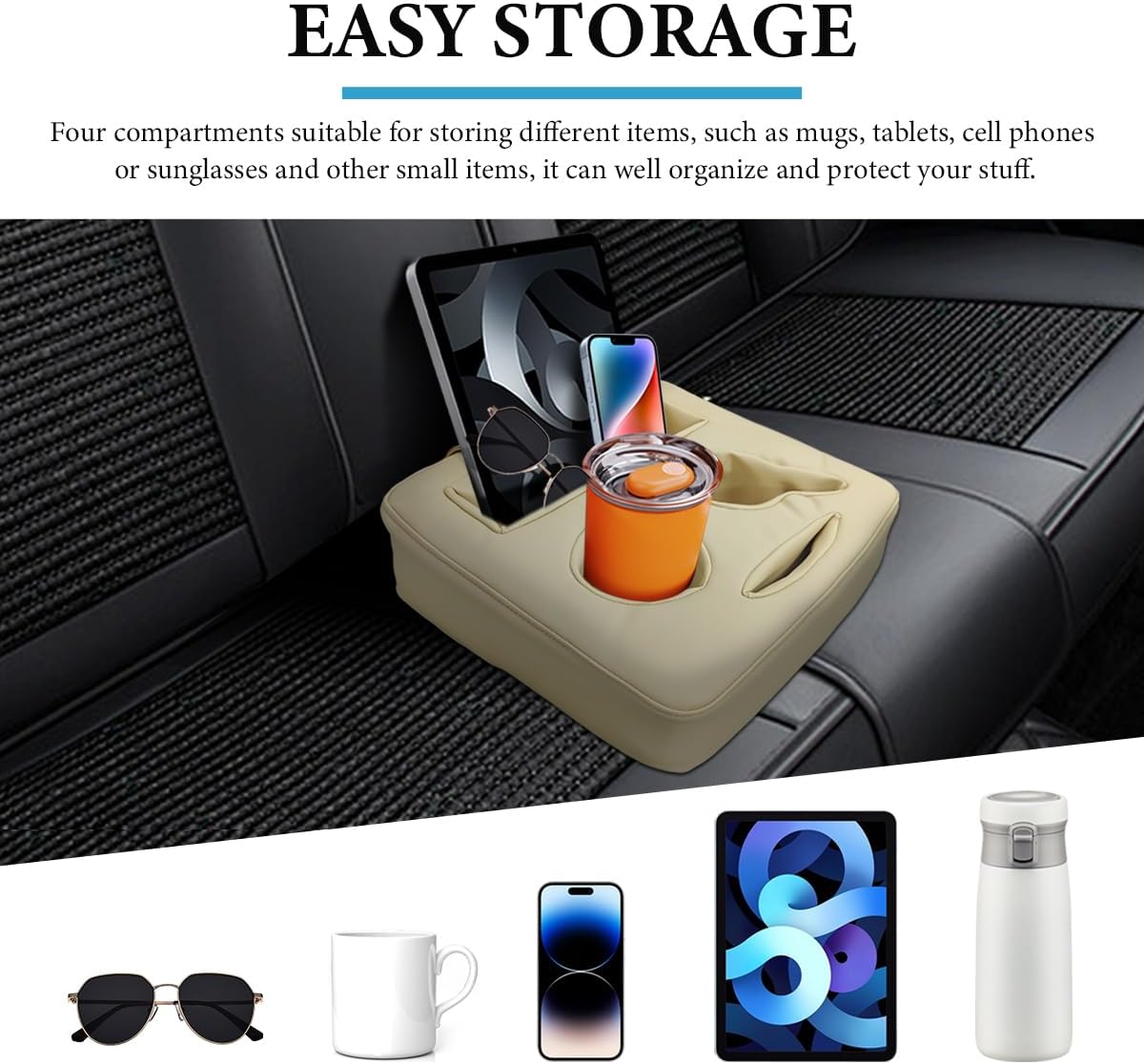 Car Back Seat Organizer, Leather Automotive Rear Seat Couch Cup Holder Expander Tray, Vehicle Cup Holder Tray Holds Snacks Remotes Phones for Truck RV Boat Couch Pillow Bed (Beige) image 5