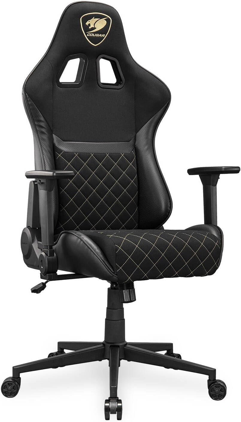COUGAR Armor One V2 Gold F Gaming Chair, Woven Fabric Surface, 4D Folding Armrests, 155° Reclining, Piston Lift Height Adjustment, Up to 120 kg Weight Support - Black & Gold