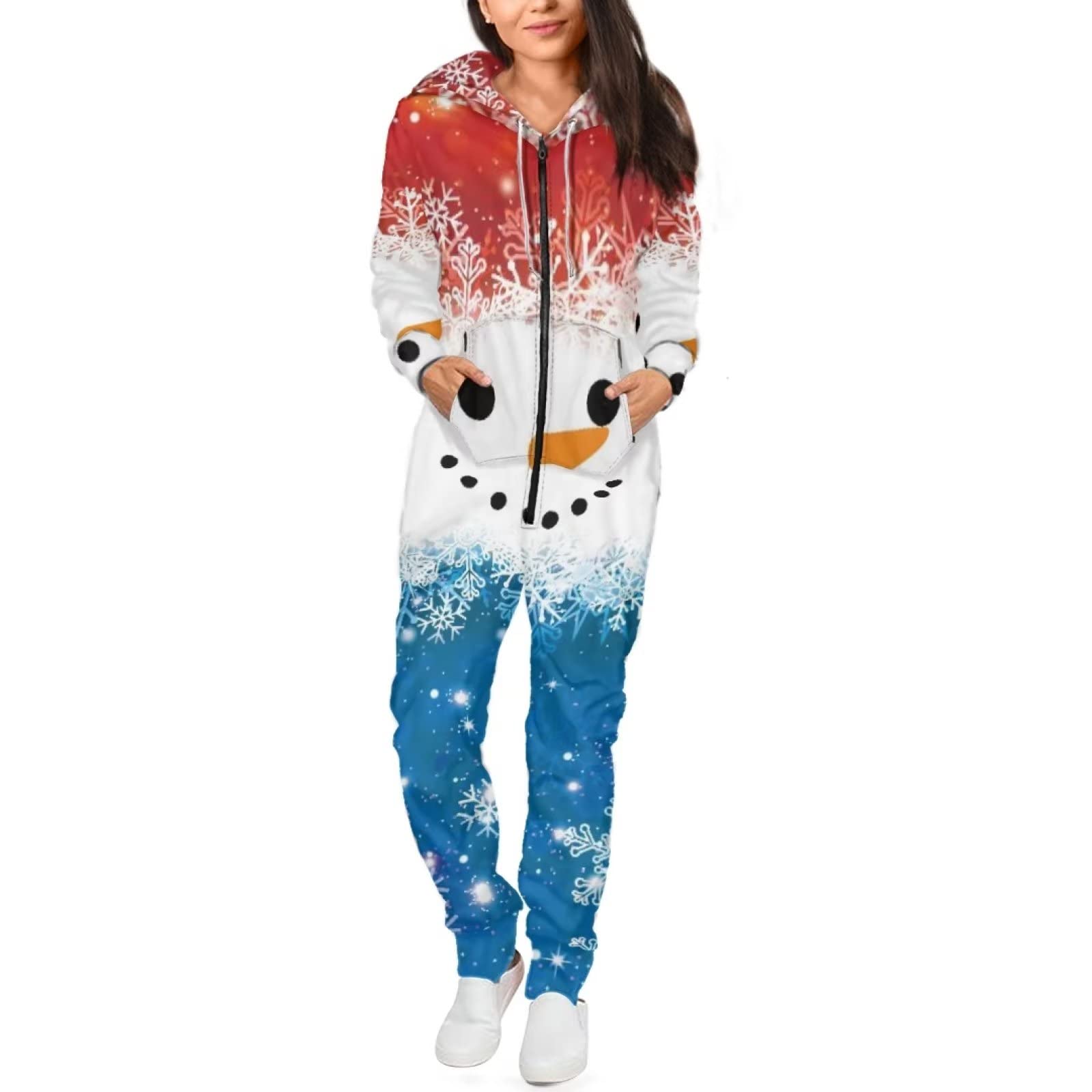 POLERO Pyjama une pièce bohème pour femme avec fermeture éclair et cordon de serrage à capuche avec poche Mandala Floral, bonhomme de neige, L