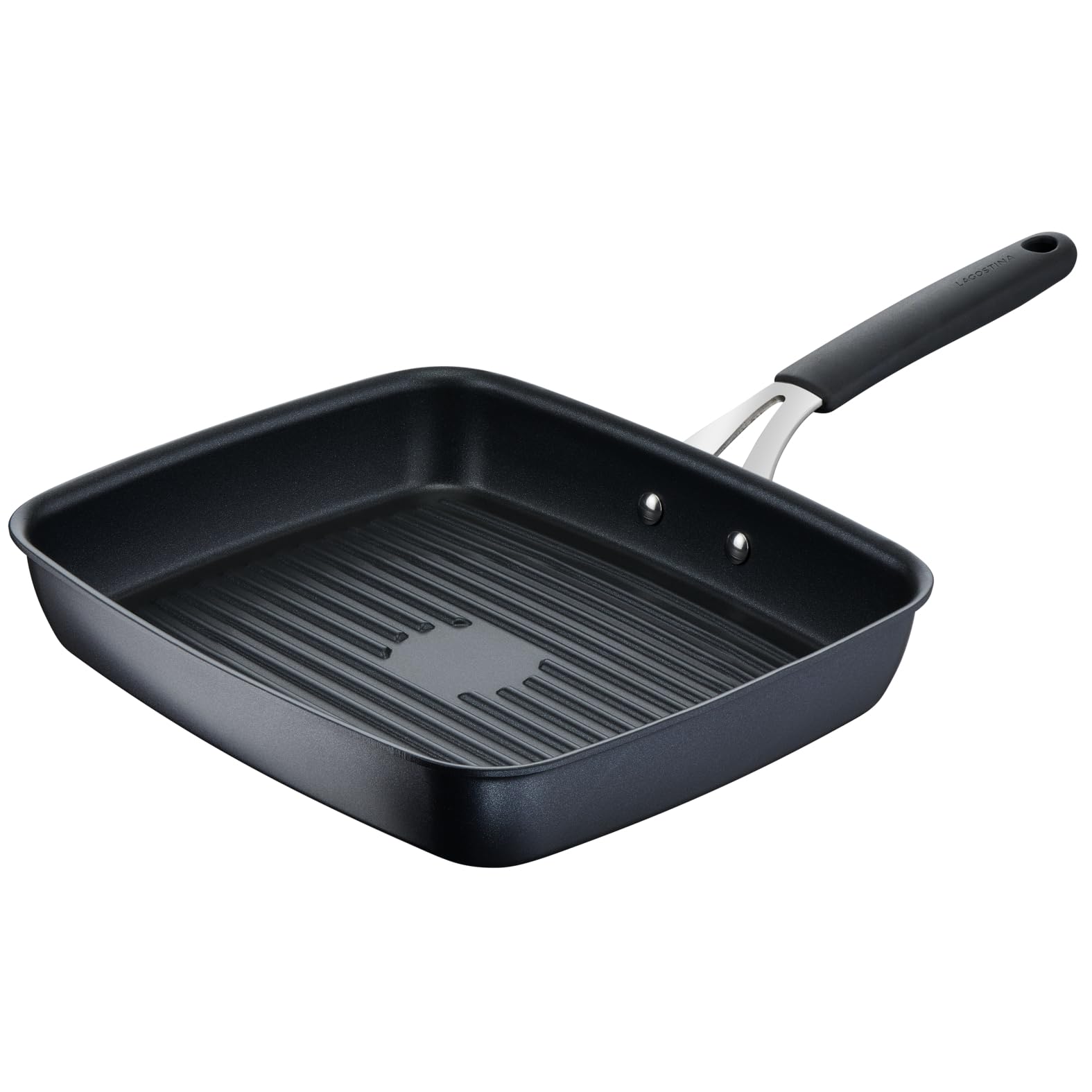 Lagostina Tempra, Grill 29x25 cm con Rivestimento in Titanium Antiaderente Antigraffio e Fondo in Acciaio Inox, Manico Rivettato, per Tutte le Fonti di Calore Inclusa Induzione