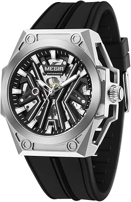 MEGIR Automatic Mens Wrist Watch, 316L Steel Case, Luminous Dial, 5ATM Water Resistant, Silicone Band