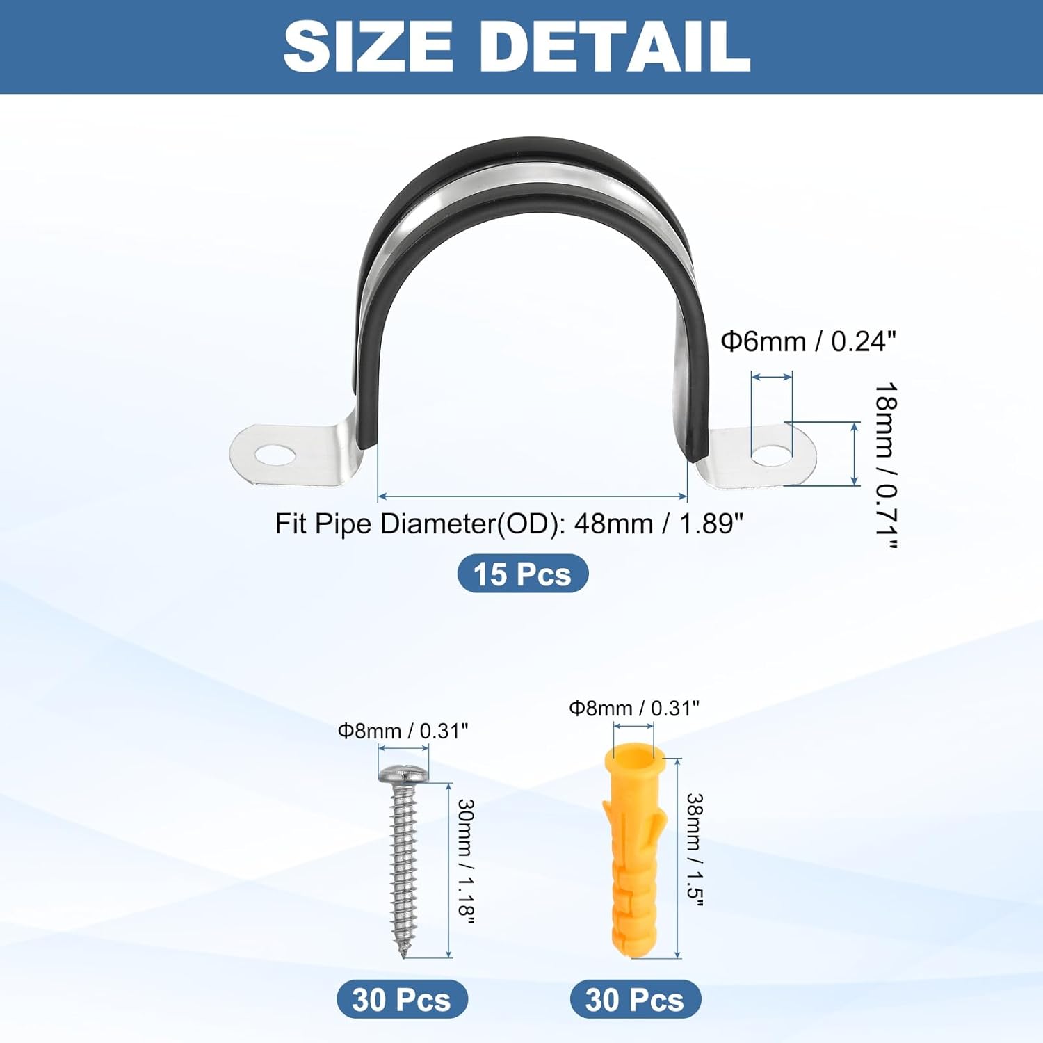 uxcell 15 Pcs Pipe Strap Clamp, 48mm(1.89") Rubber Cable Clamp Rubber Cushioned 304 Stainless Steel U Bracket Tube Holder Support with Screws for Water Pipe HVAC Cable Management