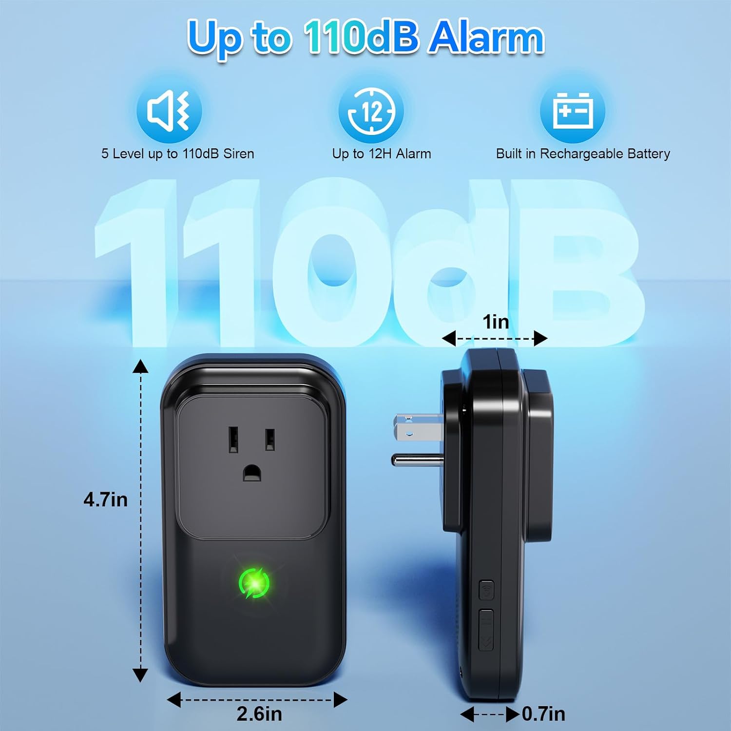 Power Failure Alarm WiFi, 110dB Frezzer Smart WiFi Power Outage Alarm with LED Indicator, Blackout App Alerts Smart Power Failure Detector for Refrigerator, GFCI Trips, Sump Pump（ WiFi Black-1PC