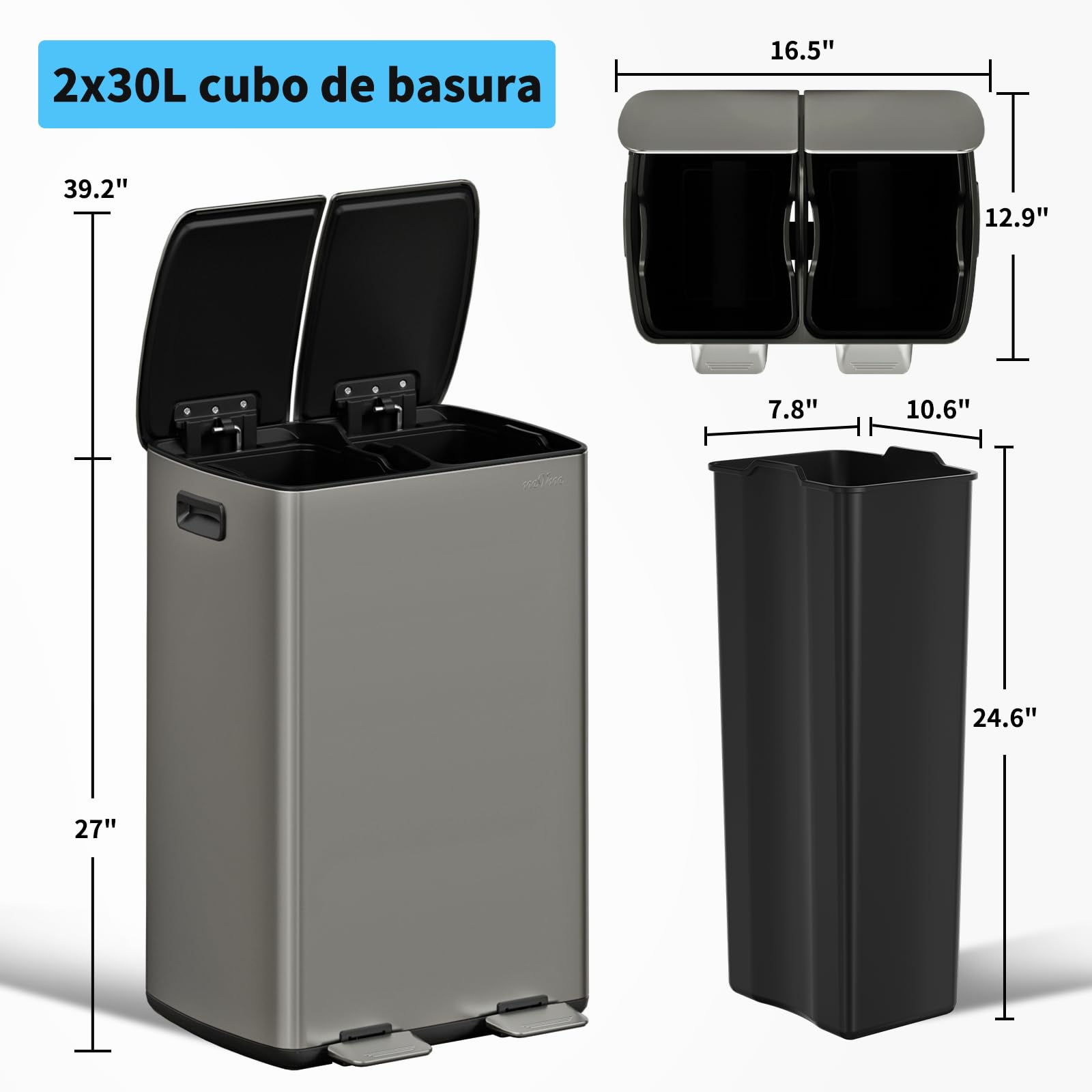 mVm Cubo de Basura Reciclable, Basurero de 60 L, 2 Compartimentos 2 x 30L con Pedal y Tapa de Cierre Suave, Papelera Moderna y Robusta, para Cocina, Salón, Gris